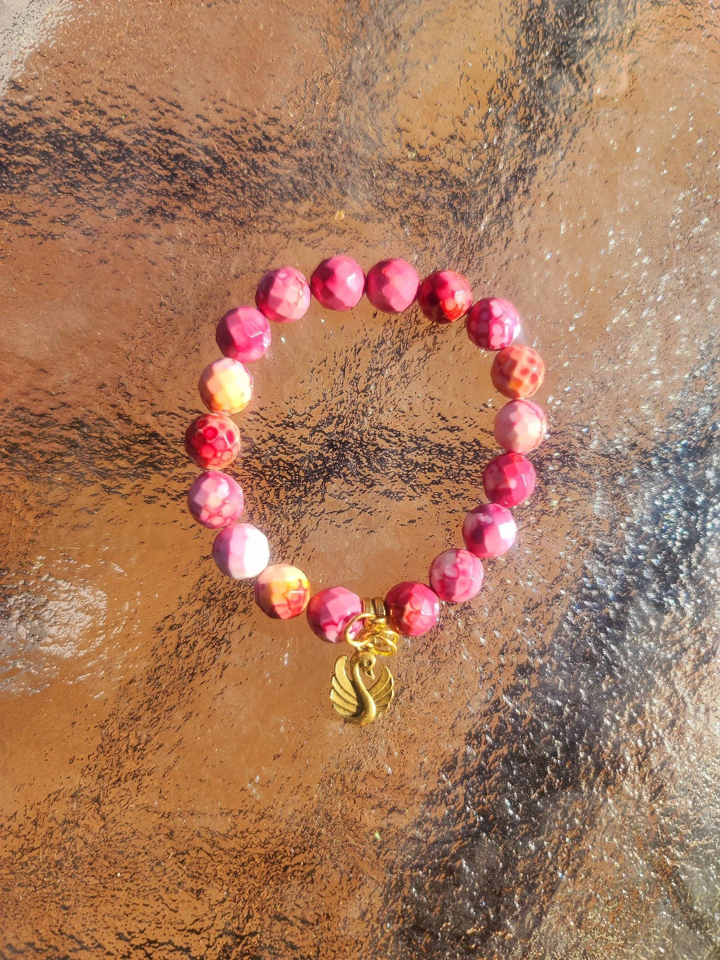 Beaded Bracelet Pink Red & Orange Faceted Jade Gemstone with Gold Swan Charm Gift For Her