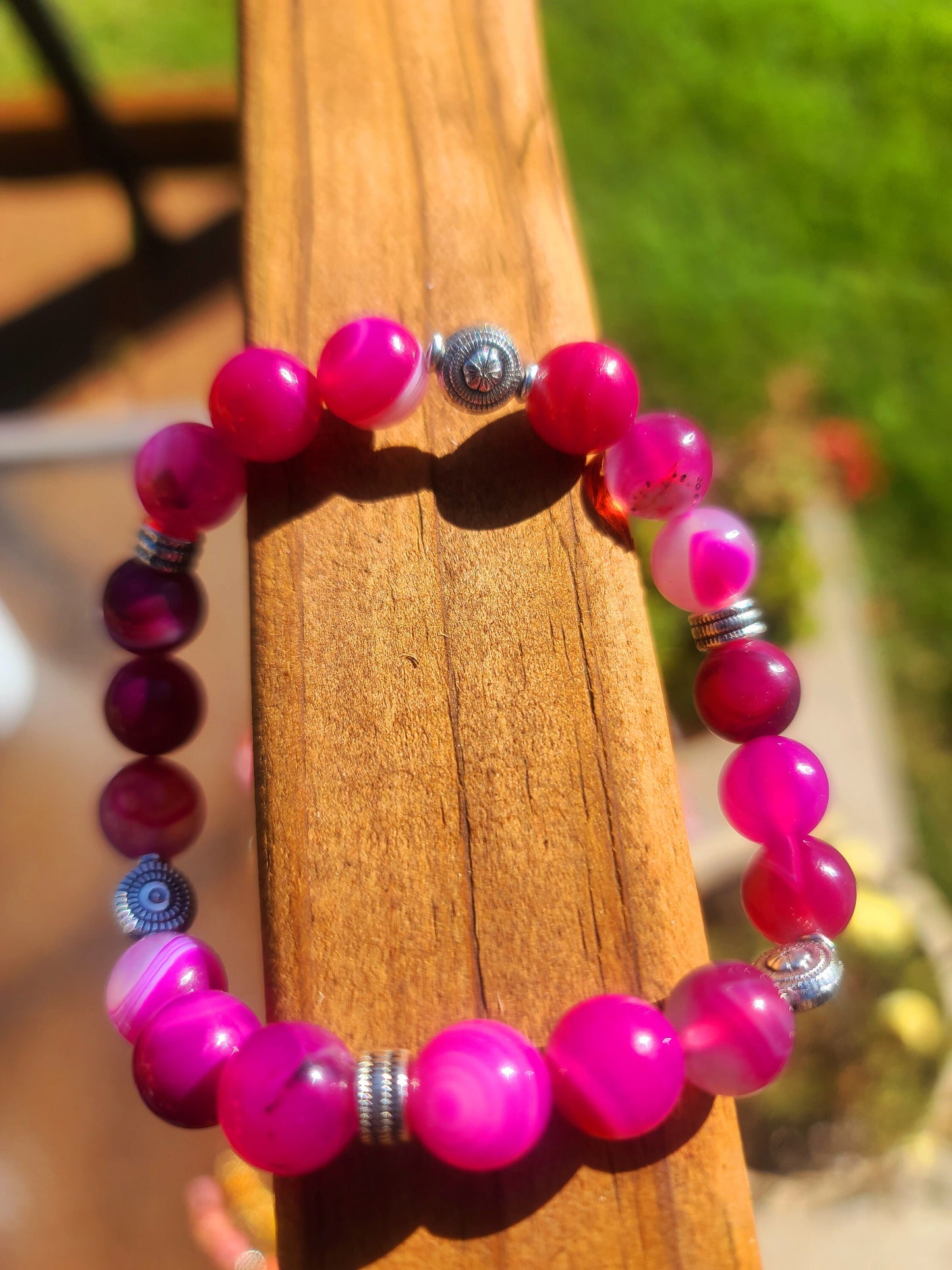 Beaded Bracelet Rose Pink Banded Round Agate Gemstone Gift For Her
