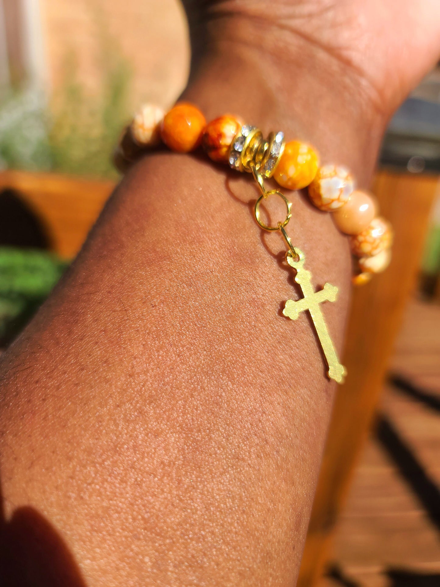 Beaded Bracelet Orange Banded Round Agate Gemstone Gold Cross Gift For Her
