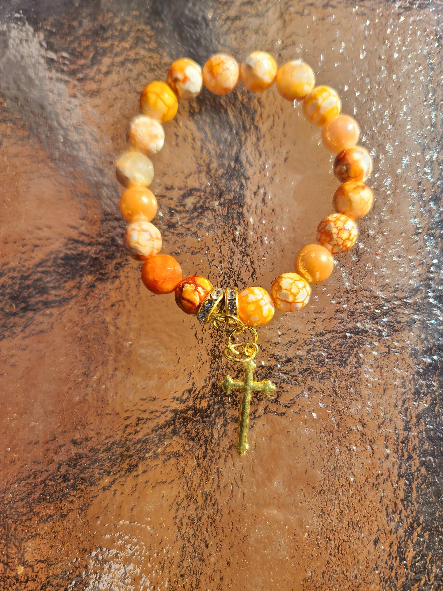 Beaded Bracelet Orange Banded Round Agate Gemstone Gold Cross Gift For Her