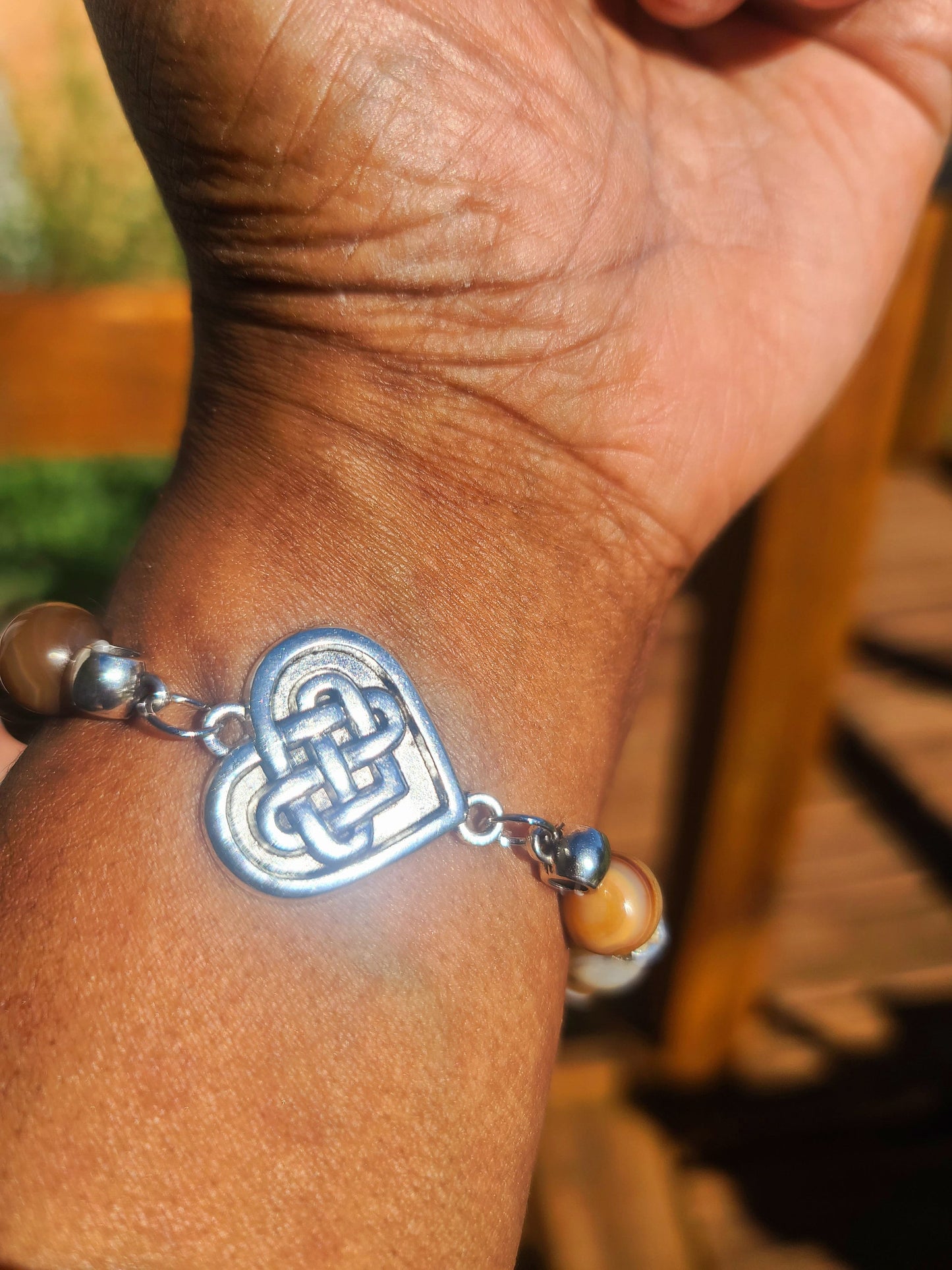 Beaded Bracelet Brown Round Banded Agate Silver Heart Charm Gift For Her