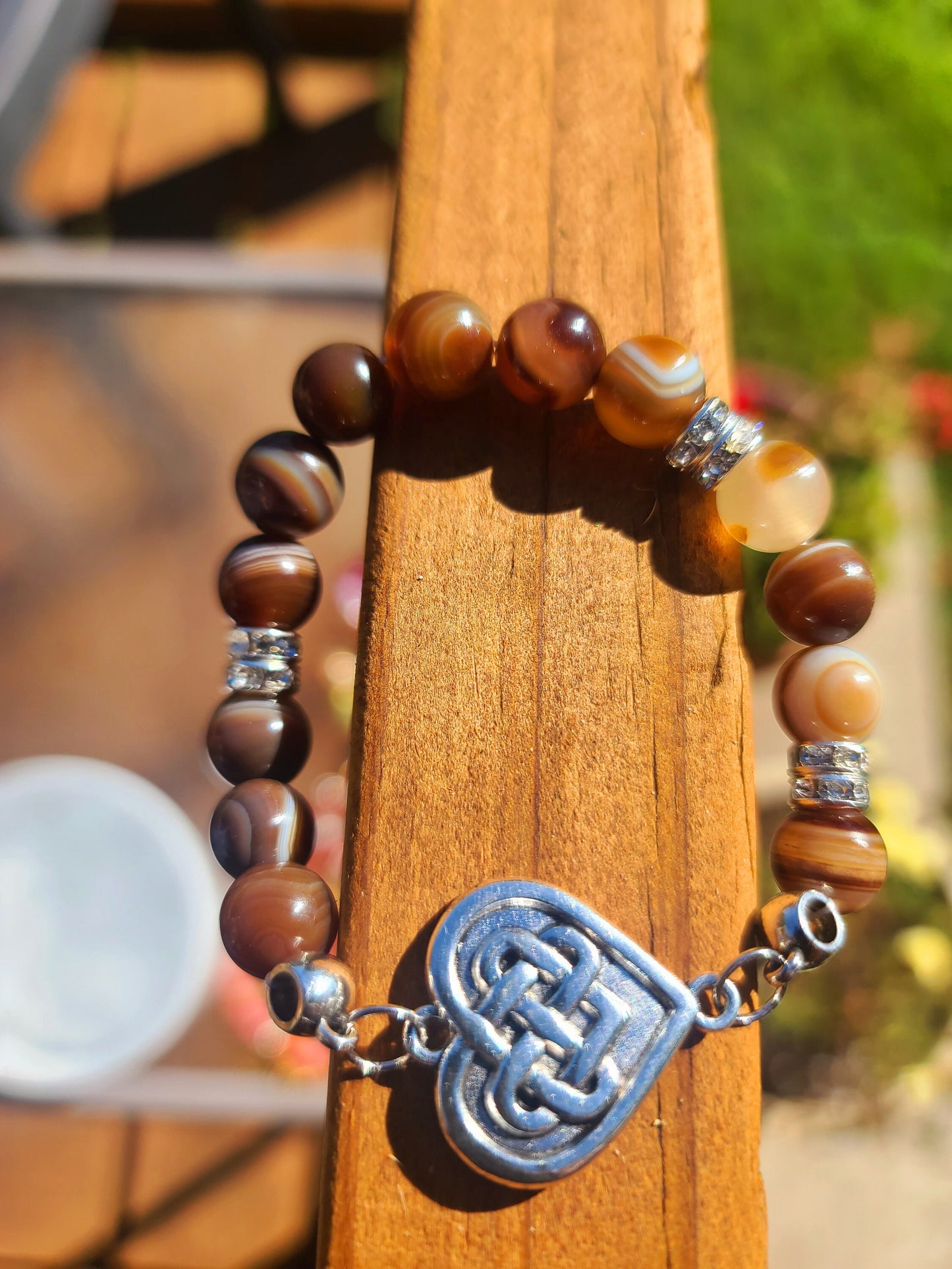 Beaded Bracelet Brown Round Banded Agate Silver Heart Charm Gift For Her
