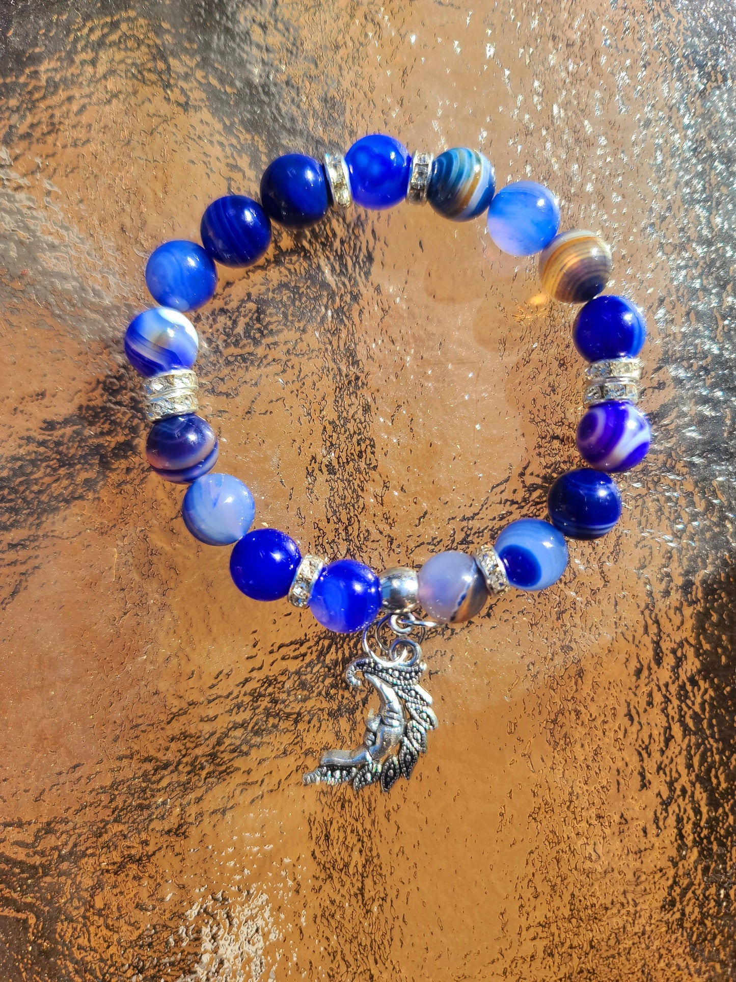 Beaded Bracelet Blue Banded Round Agate Gemstone Silver Moon Charm Gift For Her