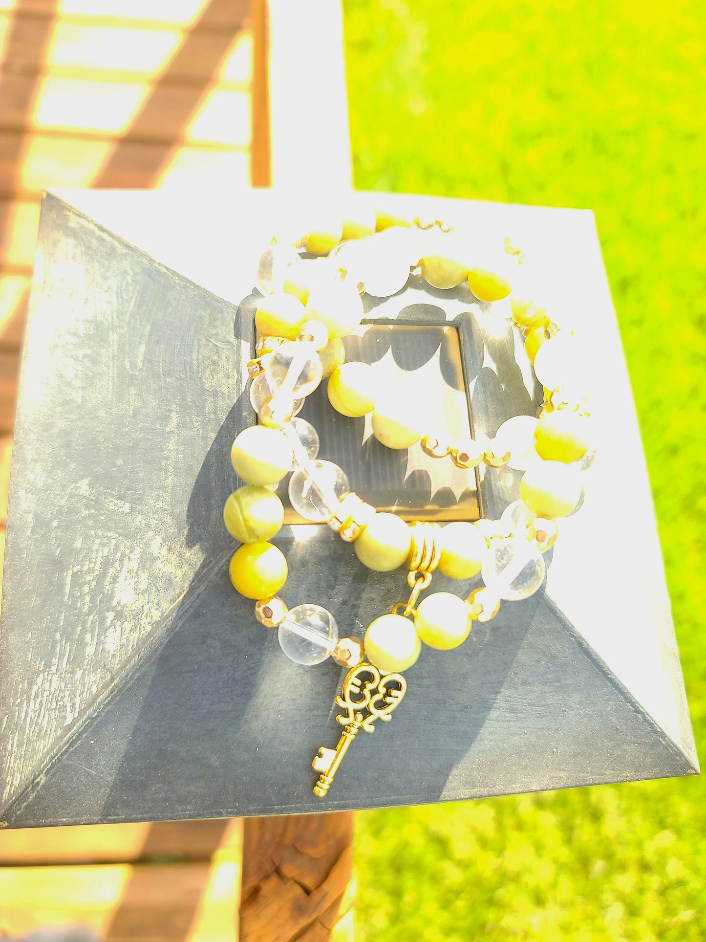 Beaded Bracelet Set Green Jade and Clear Quartz Fashion Accessory Statement Piece with Gold Key Charm