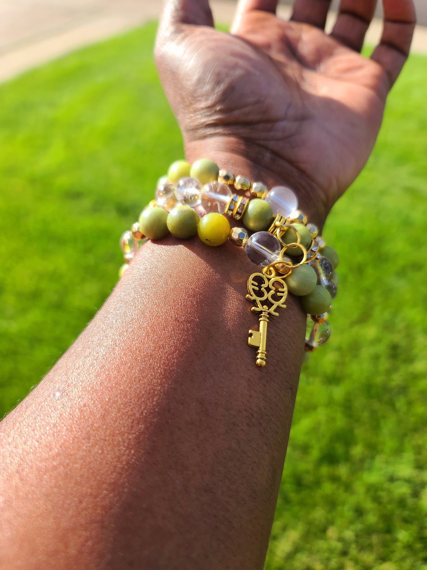 Beaded Bracelet Set Green Jade and Clear Quartz Fashion Accessory Statement Piece with Gold Key Charm