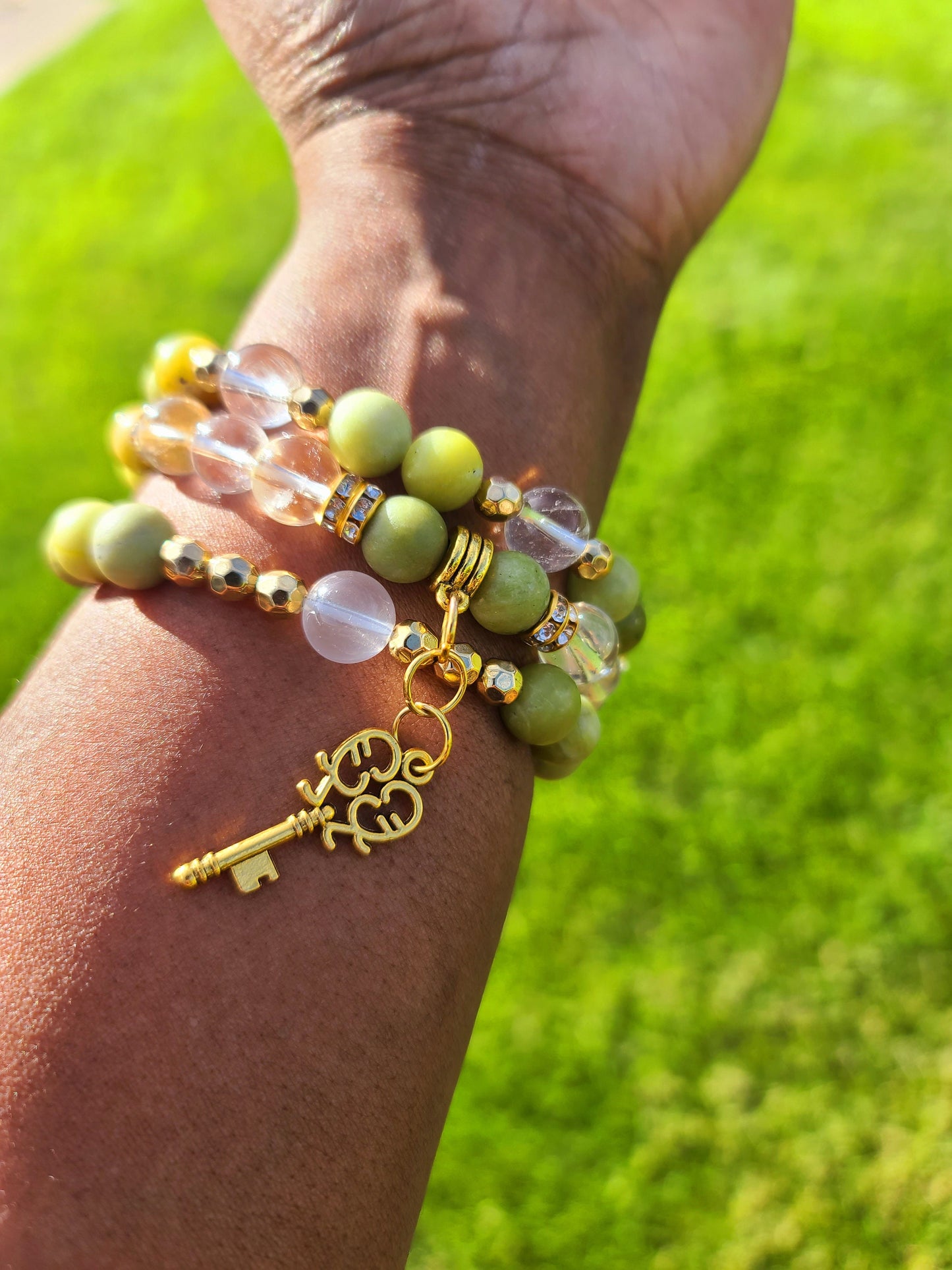 Beaded Bracelet Set Green Jade and Clear Quartz Fashion Accessory Statement Piece with Gold Key Charm