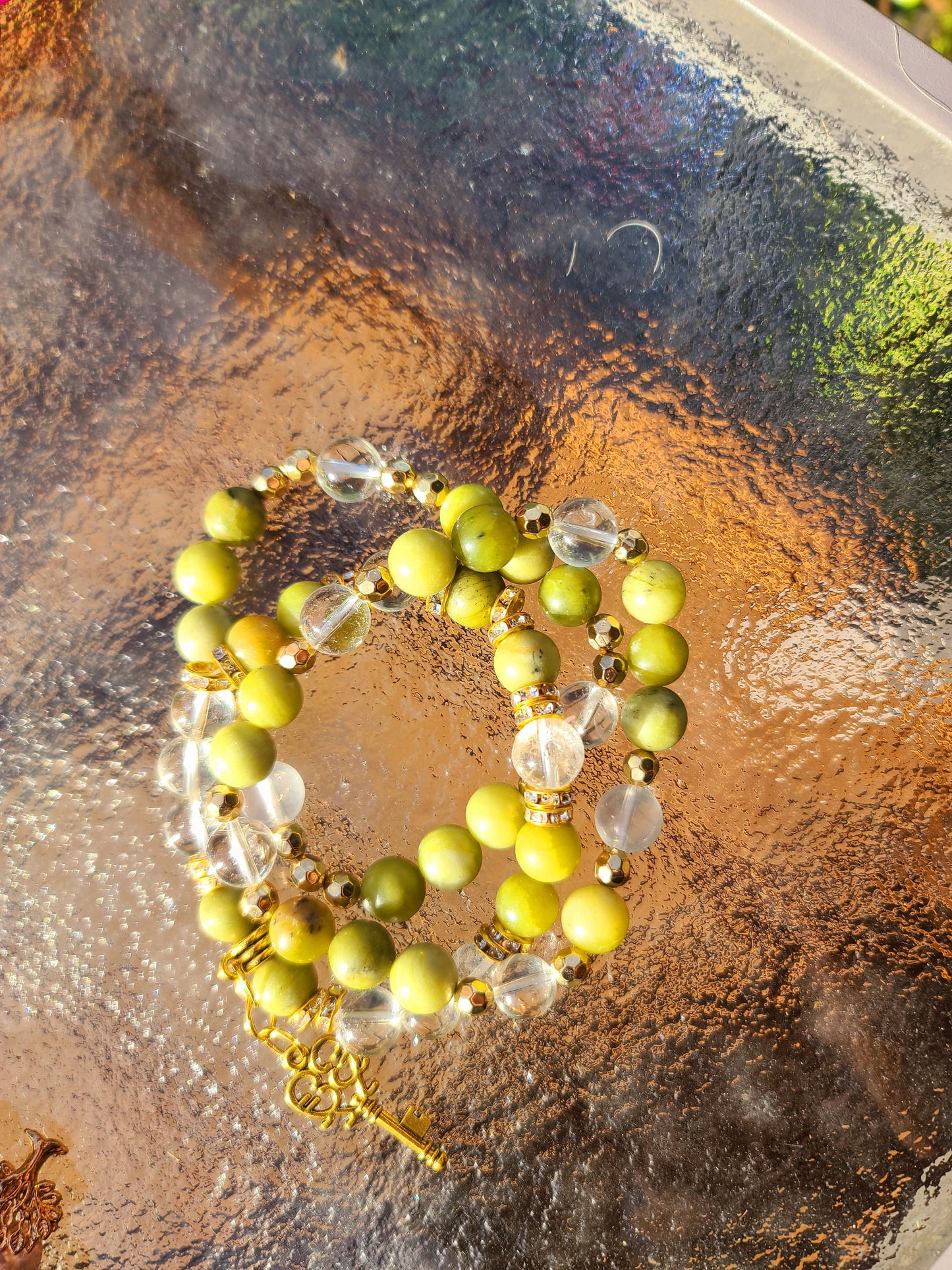 Beaded Bracelet Set Green Jade and Clear Quartz Fashion Accessory Statement Piece with Gold Key Charm