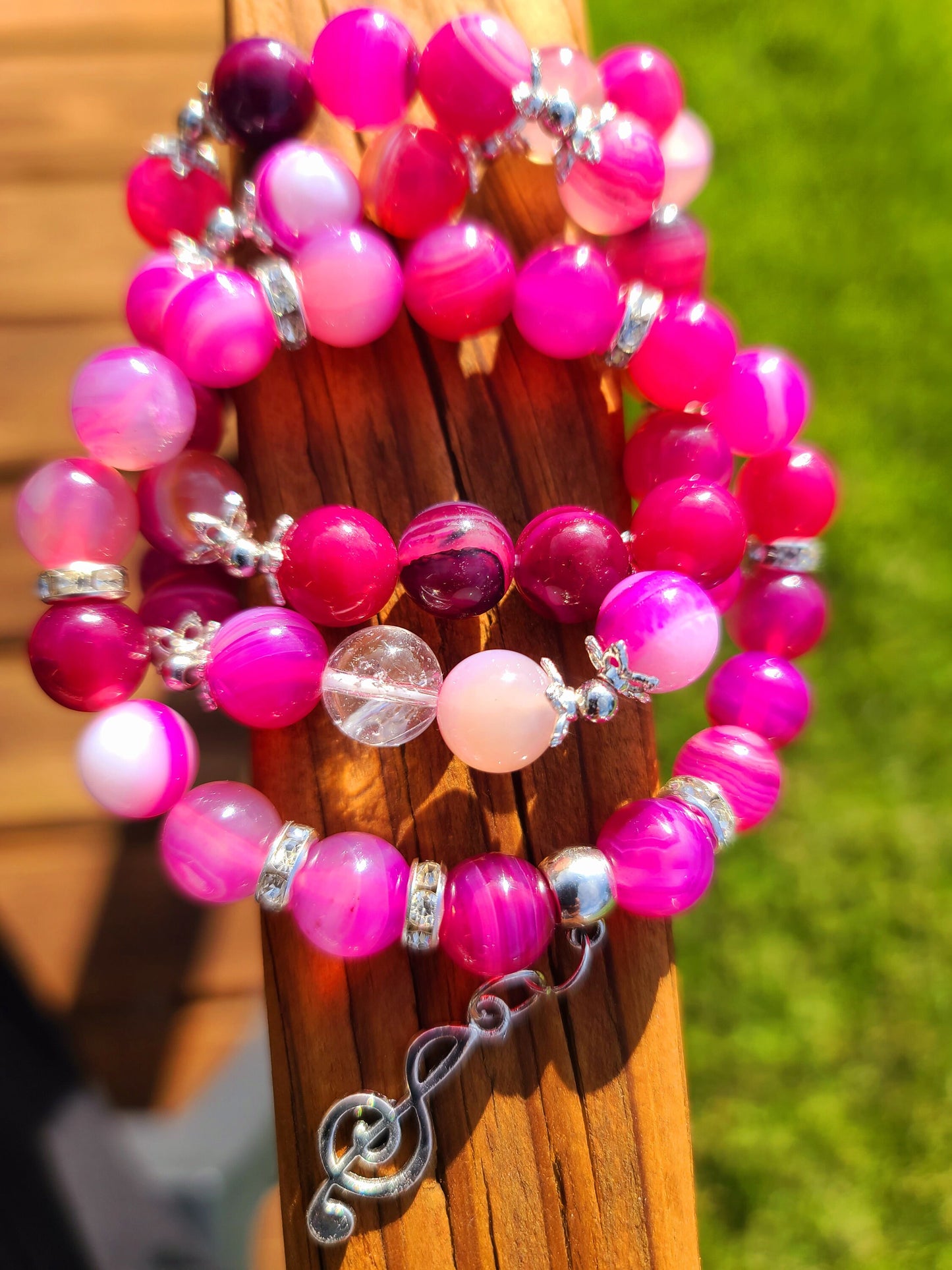 Beaded Bracelet Set Rose Pink Agate with Silver Music Charm Fashion Accessory One-Of-A-Kind Statement Piece