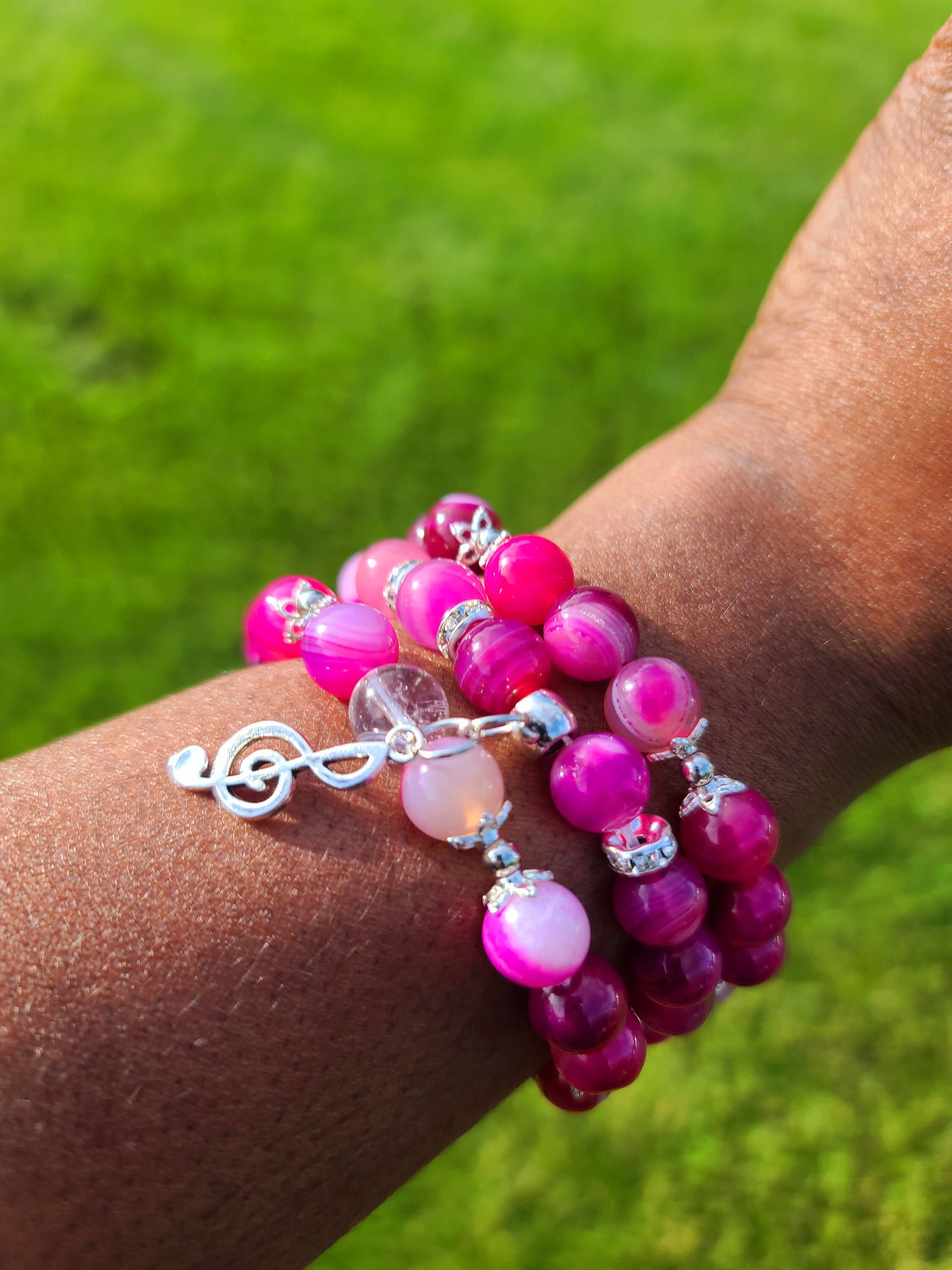 Beaded Bracelet Set Rose Pink Agate with Silver Music Charm Fashion Accessory One-Of-A-Kind Statement Piece