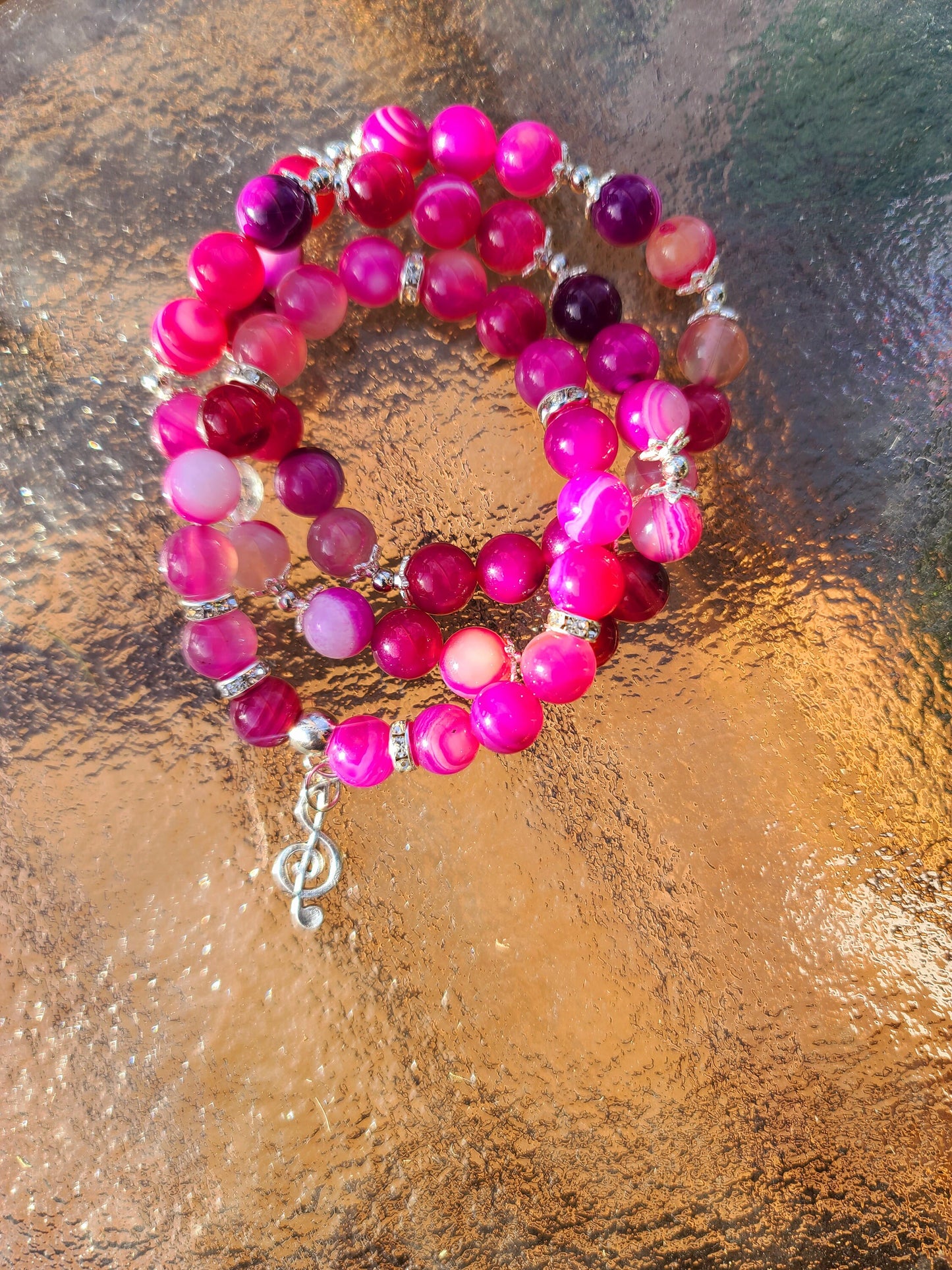 Beaded Bracelet Set Rose Pink Agate with Silver Music Charm Fashion Accessory One-Of-A-Kind Statement Piece
