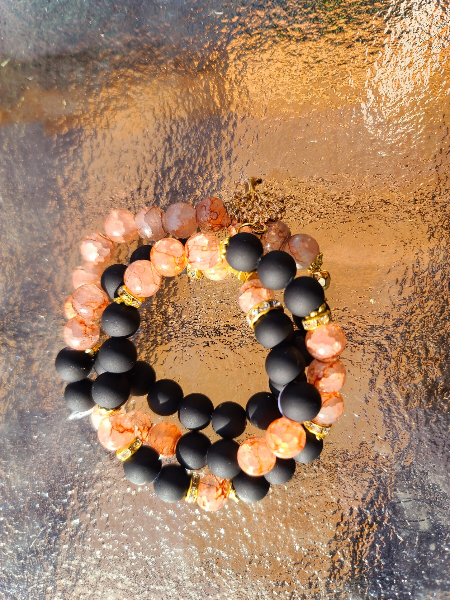 Beaded Bracelet Set Black Matte and Salmon Crackle Glass Beads Gold Tree Charm Fashion Accessory One-Of-A-Kind For Her Gift