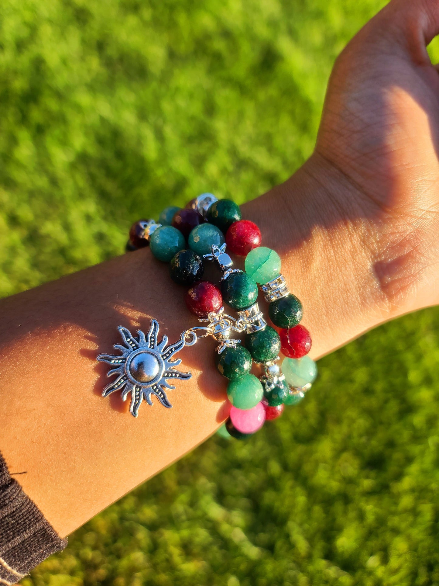 Beaded Bracelet Set Green, Cranberry & Pink Agate with Silver Sun Charm One-Of-A-Kind Gift For Her