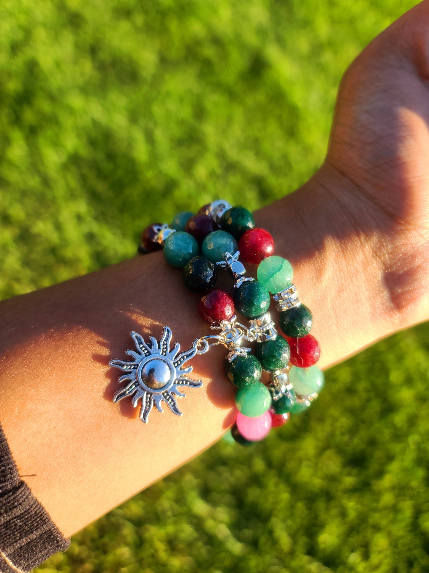 Beaded Bracelet Set Green, Cranberry & Pink Agate with Silver Sun Charm One-Of-A-Kind Gift For Her