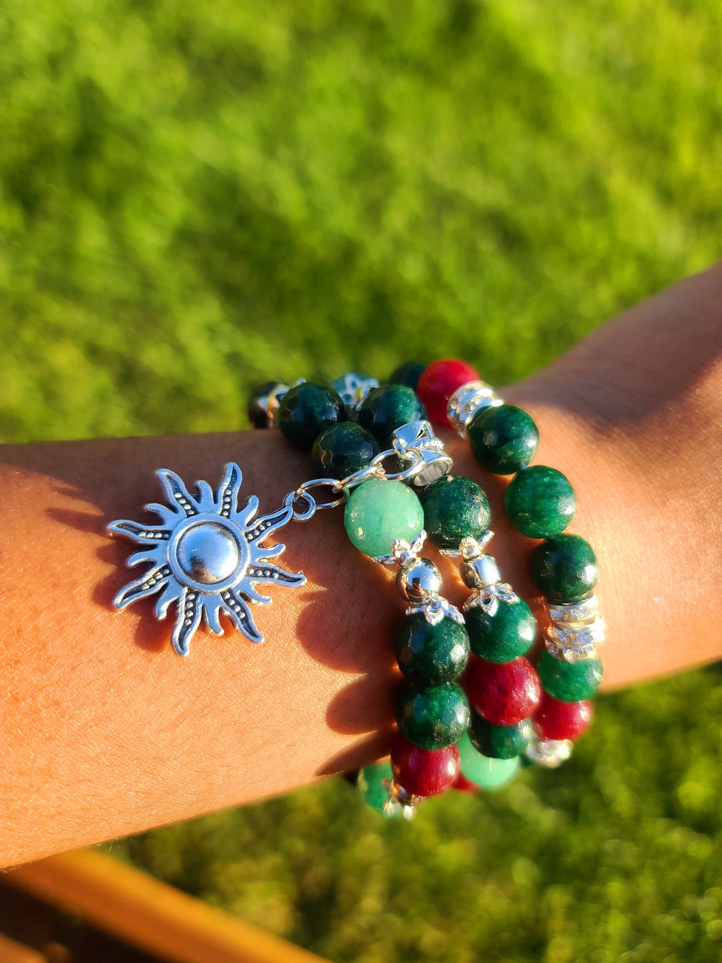 Beaded Bracelet Set Green, Cranberry & Pink Agate with Silver Sun Charm One-Of-A-Kind Gift For Her