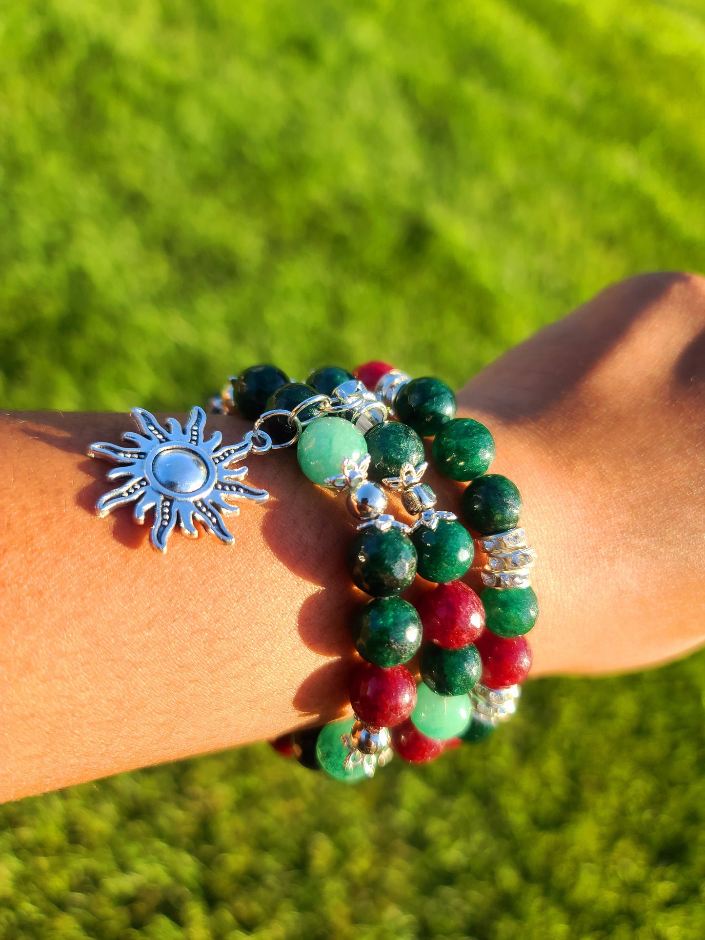 Beaded Bracelet Set Green, Cranberry & Pink Agate with Silver Sun Charm One-Of-A-Kind Gift For Her
