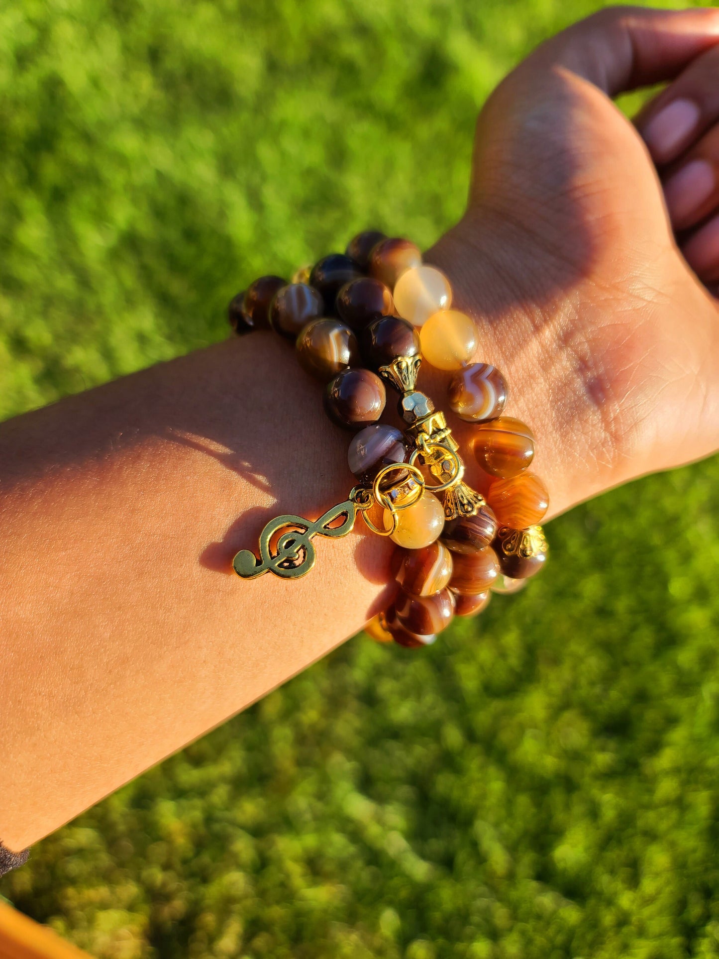 Beaded Bracelet Set Brown Round Banded Agate with Gold Music Note Gift For Her