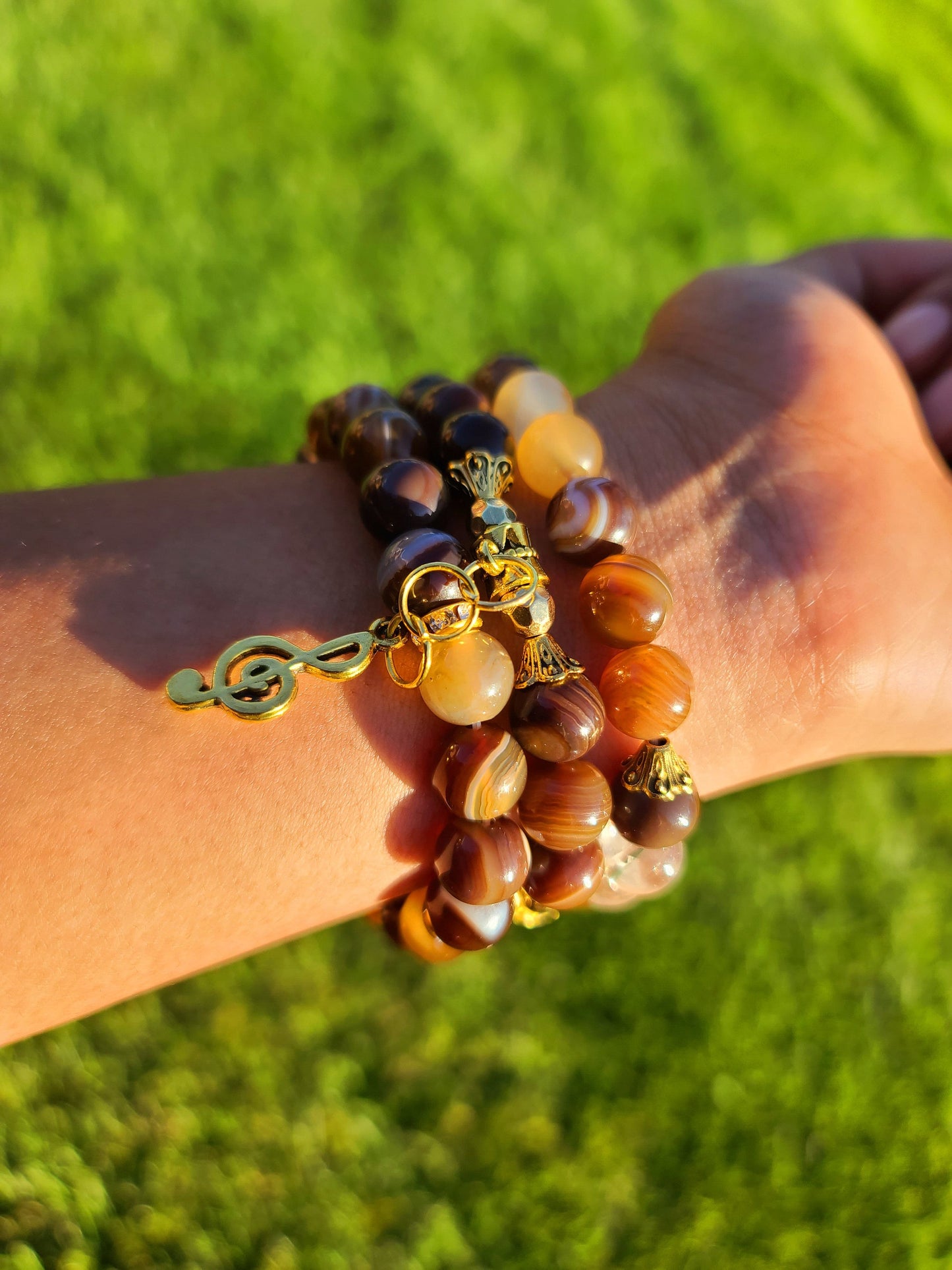 Beaded Bracelet Set Brown Round Banded Agate with Gold Music Note Gift For Her