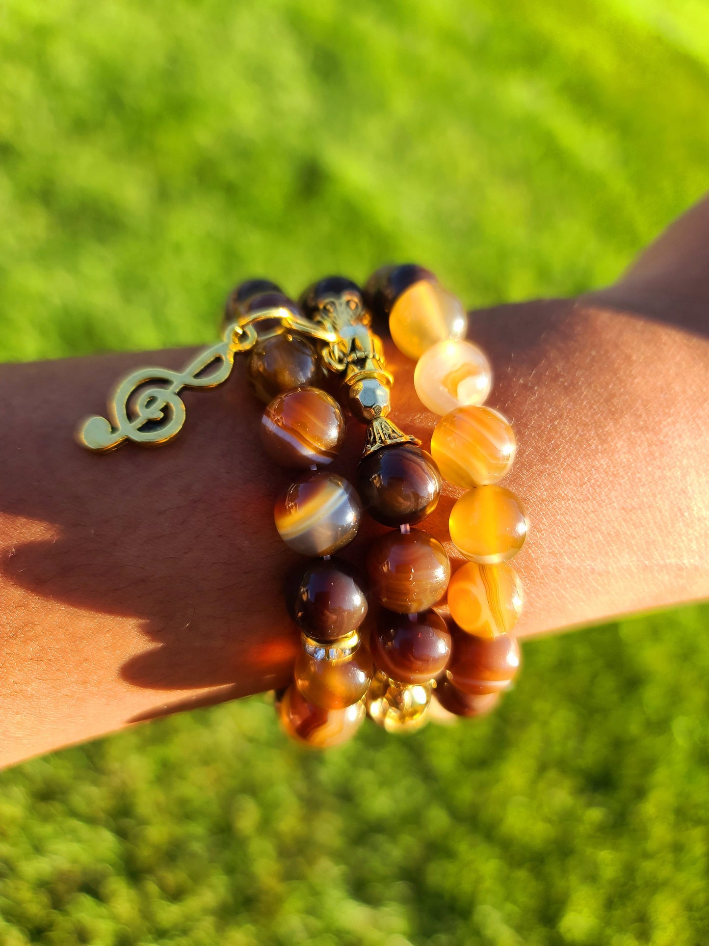 Beaded Bracelet Set Brown Round Banded Agate with Gold Music Note Gift For Her