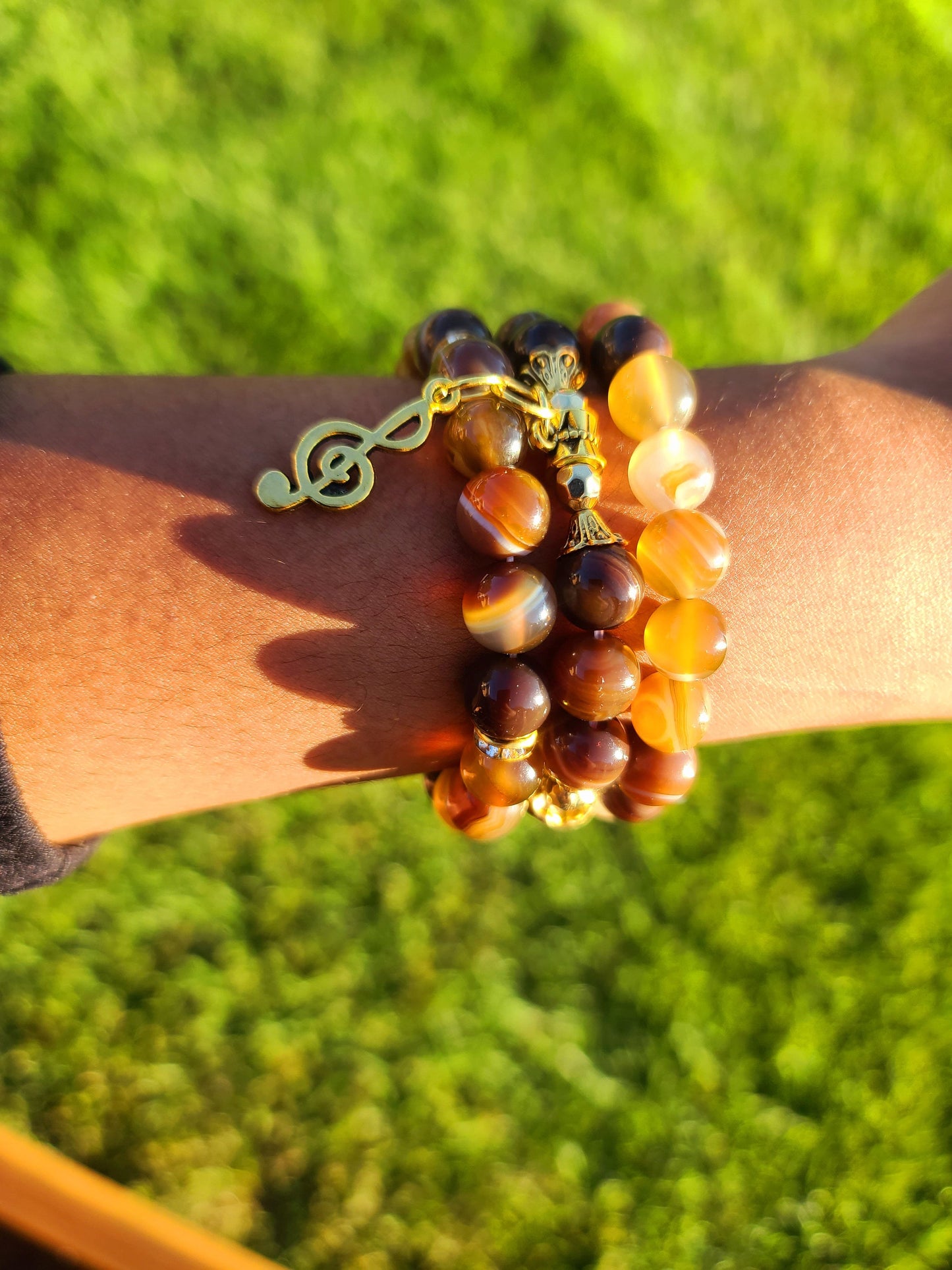 Beaded Bracelet Set Brown Round Banded Agate with Gold Music Note Gift For Her