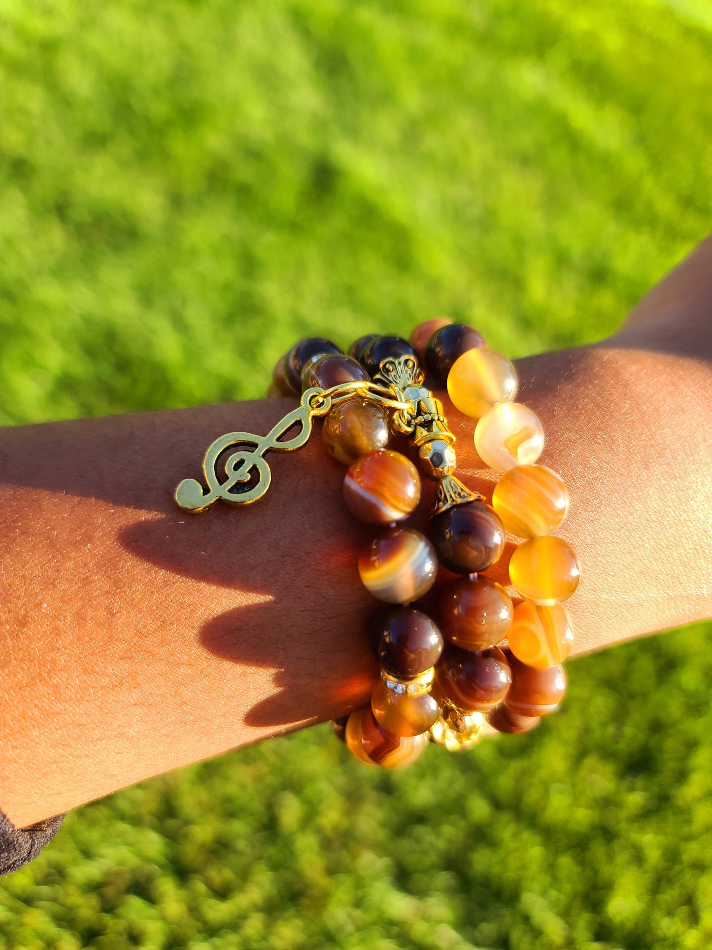 Beaded Bracelet Set Brown Round Banded Agate with Gold Music Note Gift For Her