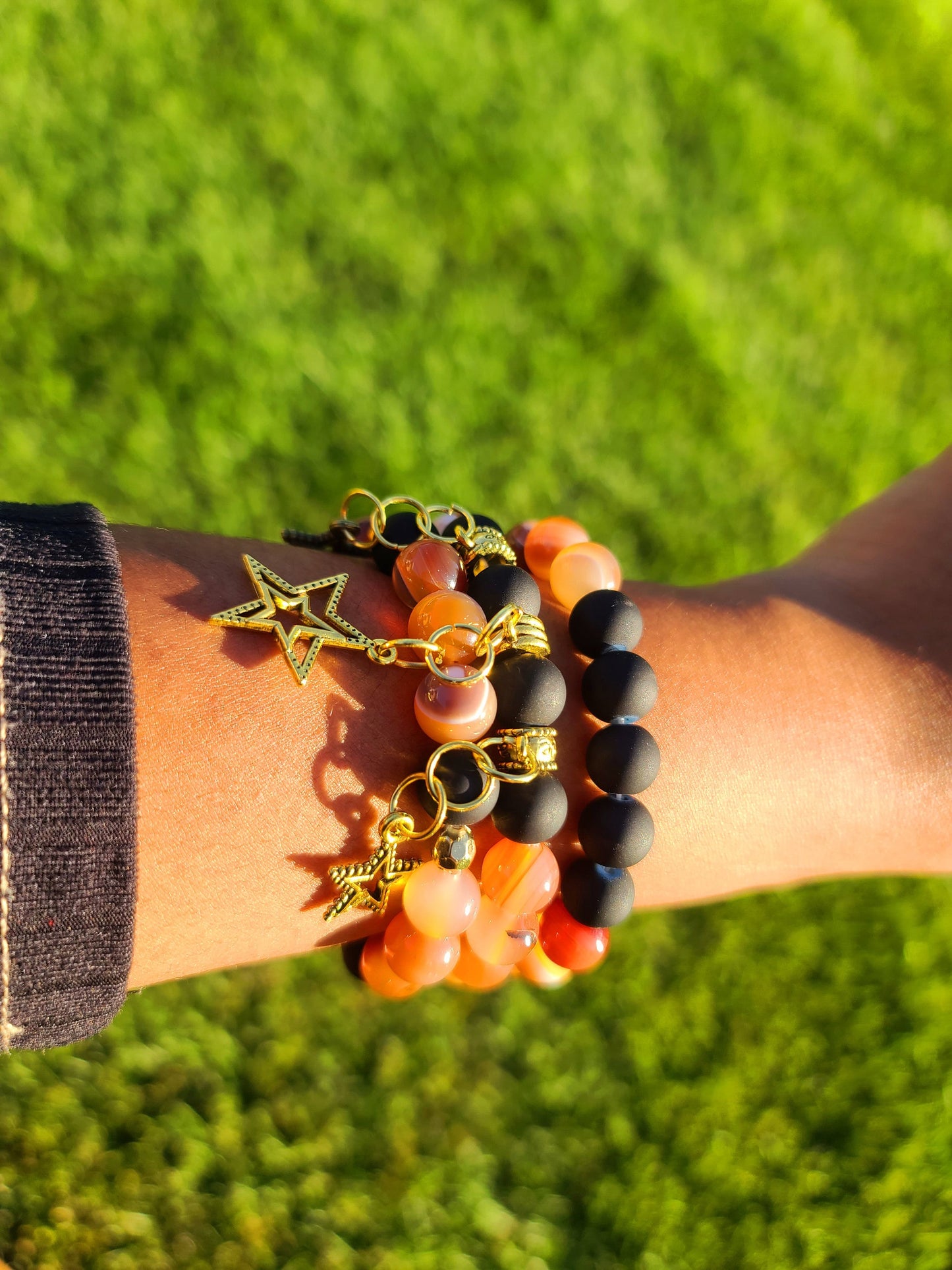 Beaded Bracelet Set Orange Banded Round Agate, Matte Black Beads with Gold Star Charms Gift For Her