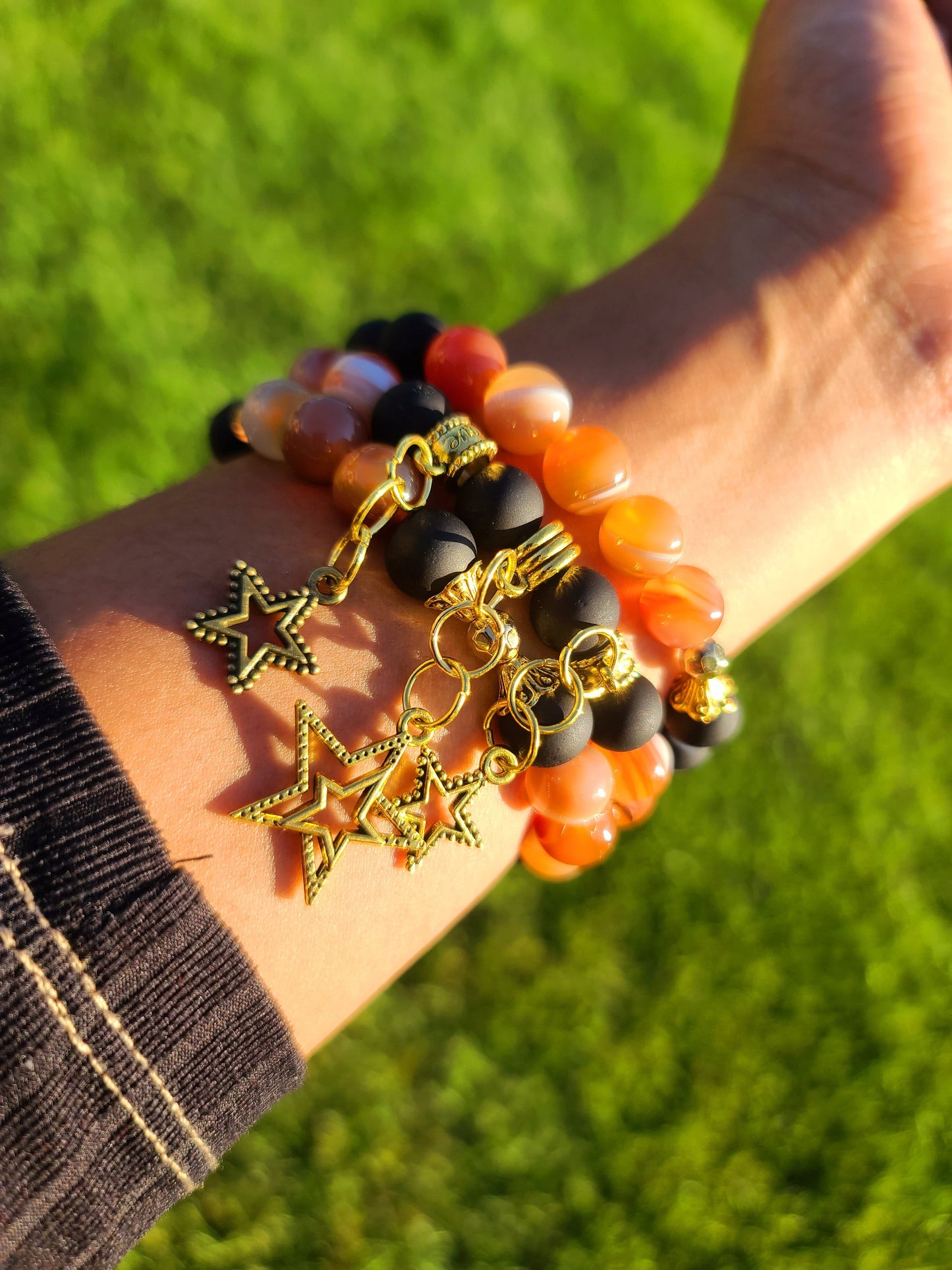Beaded Bracelet Set Orange Banded Round Agate, Matte Black Beads with Gold Star Charms Gift For Her