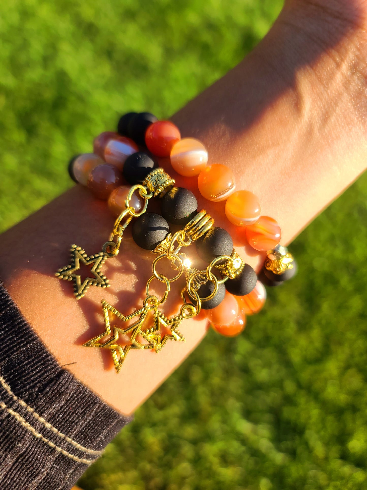 Beaded Bracelet Set Orange Banded Round Agate, Matte Black Beads with Gold Star Charms Gift For Her