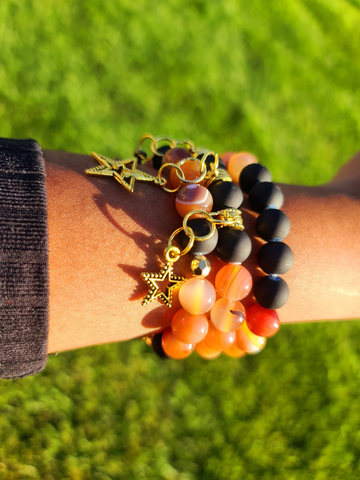 Beaded Bracelet Set Orange Banded Round Agate, Matte Black Beads with Gold Star Charms Gift For Her