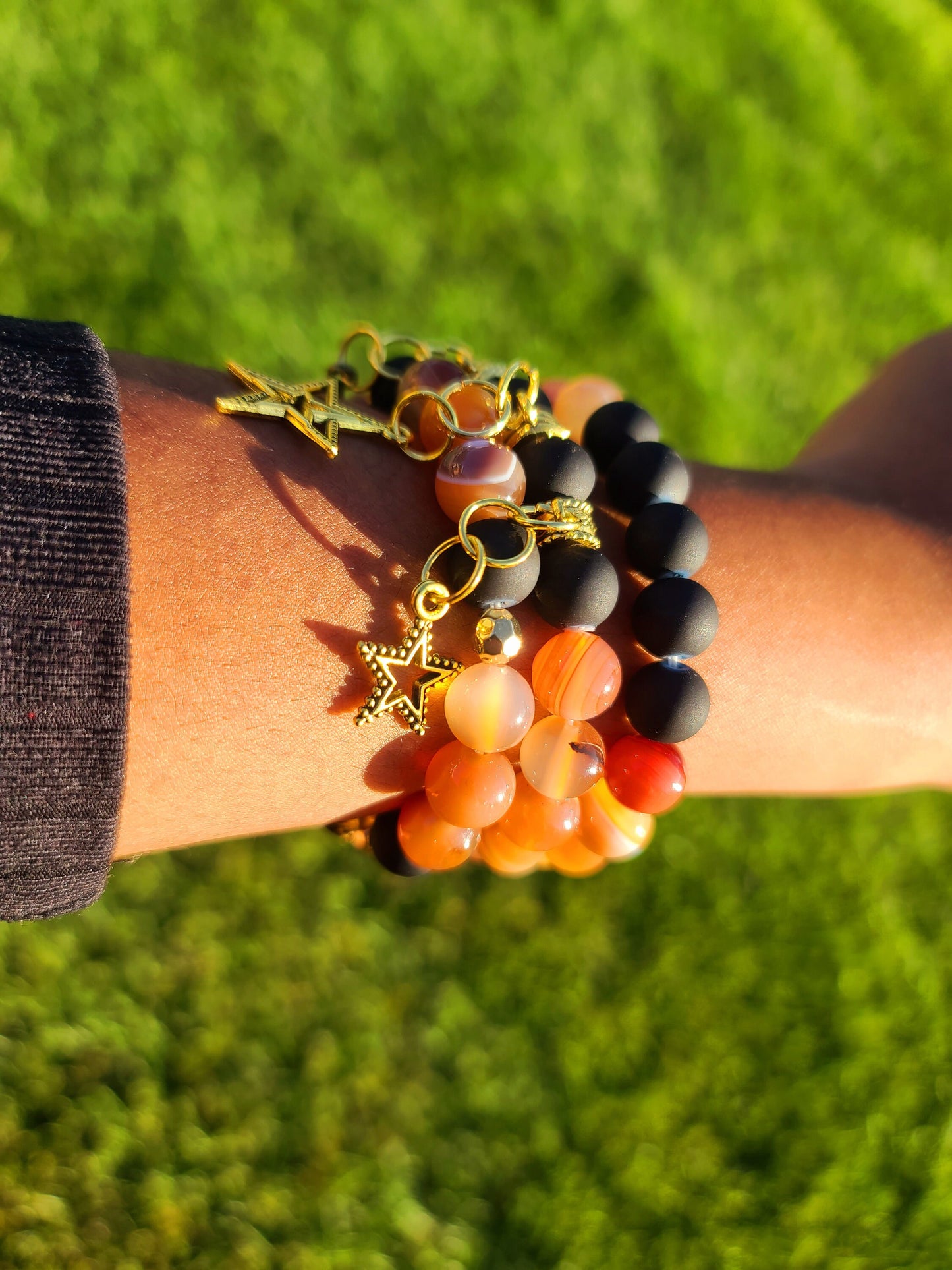 Beaded Bracelet Set Orange Banded Round Agate, Matte Black Beads with Gold Star Charms Gift For Her