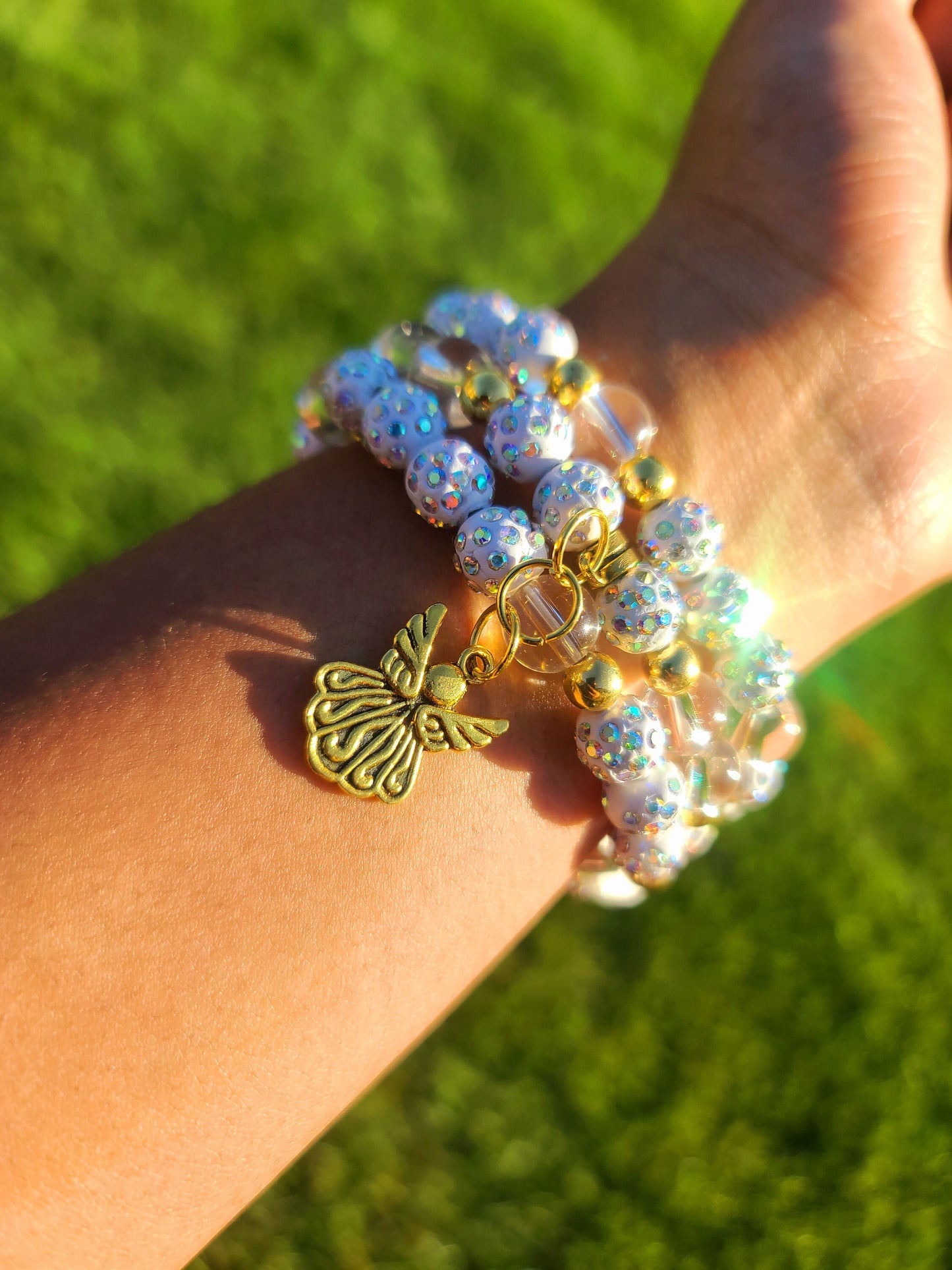 Beaded Bracelet Set White Iridescent Clear Quartz with Gold Angel Charm