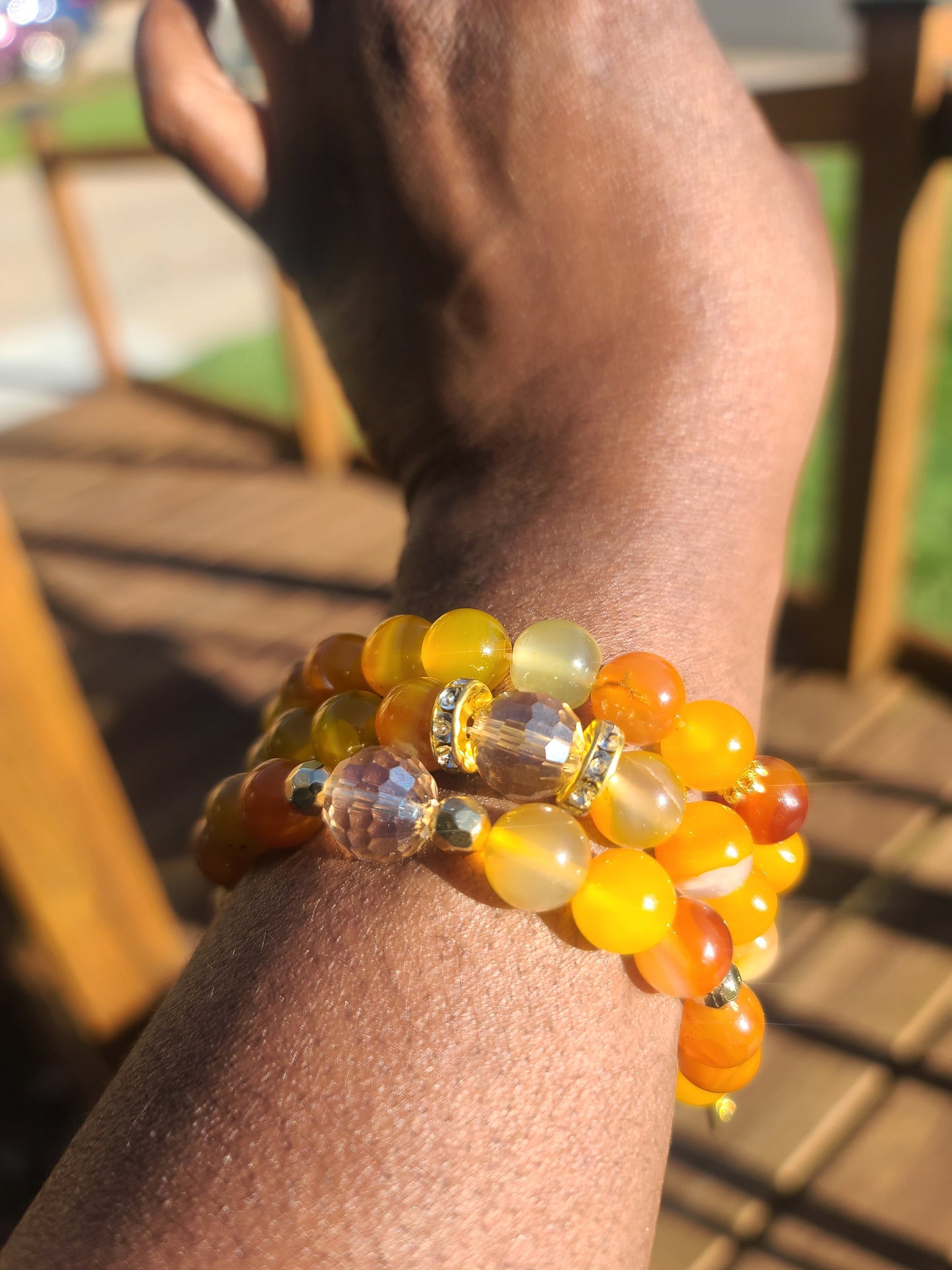 Beaded Bracelet Set Orange Banded Round Agate Gold Key Charm Fashion Accessory Gift For Her