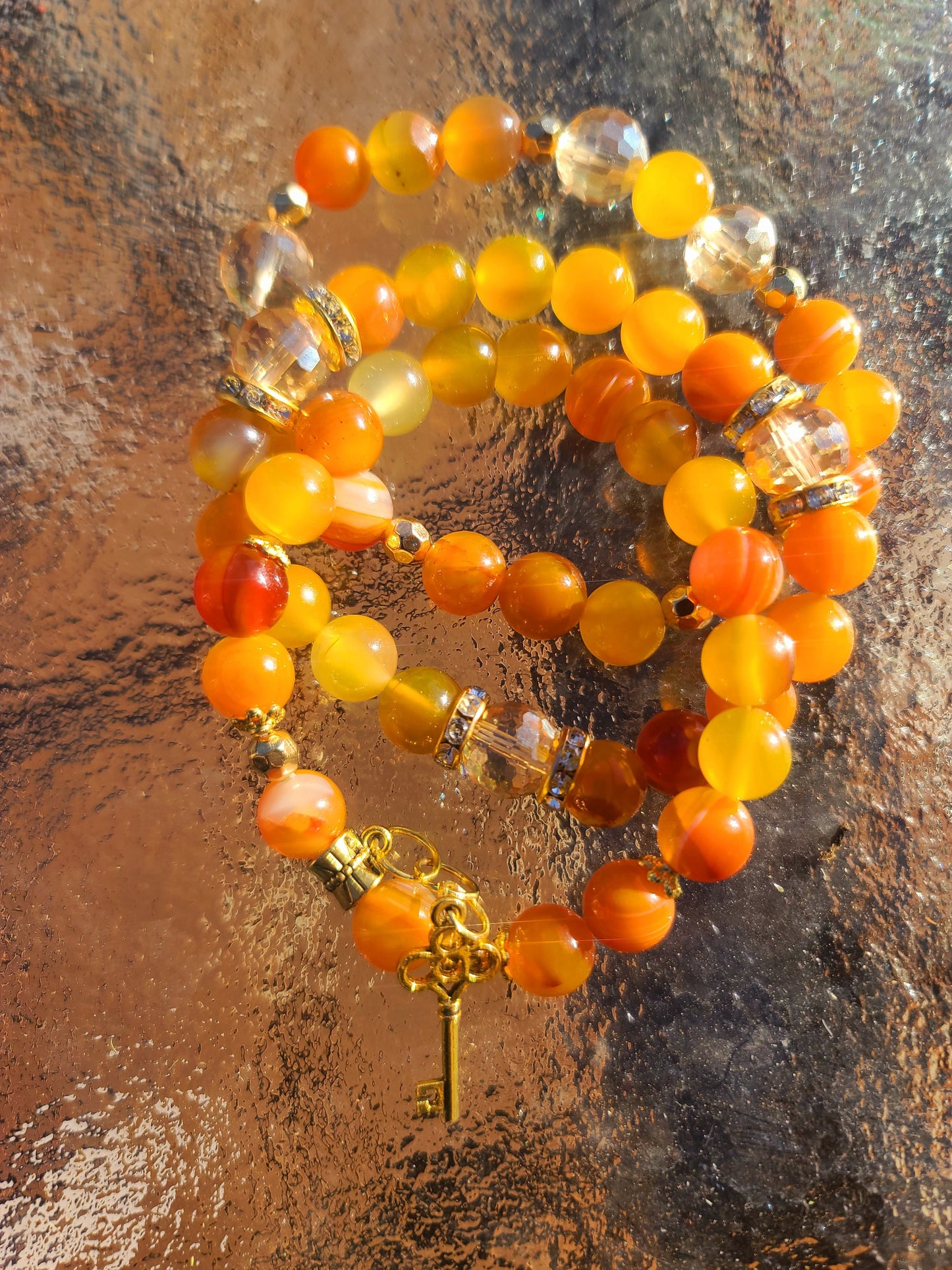 Beaded Bracelet Set Orange Banded Round Agate Gold Key Charm Fashion Accessory Gift For Her