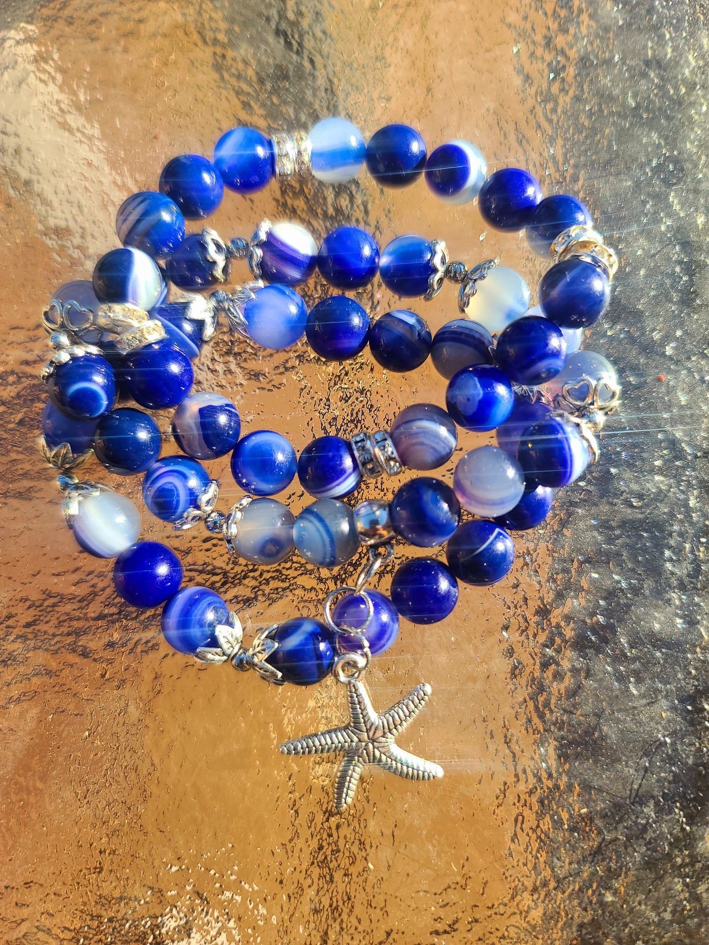 Beaded Bracelet Set Blue Banded Round Agate Beads Fashion Accessory Gift For Her