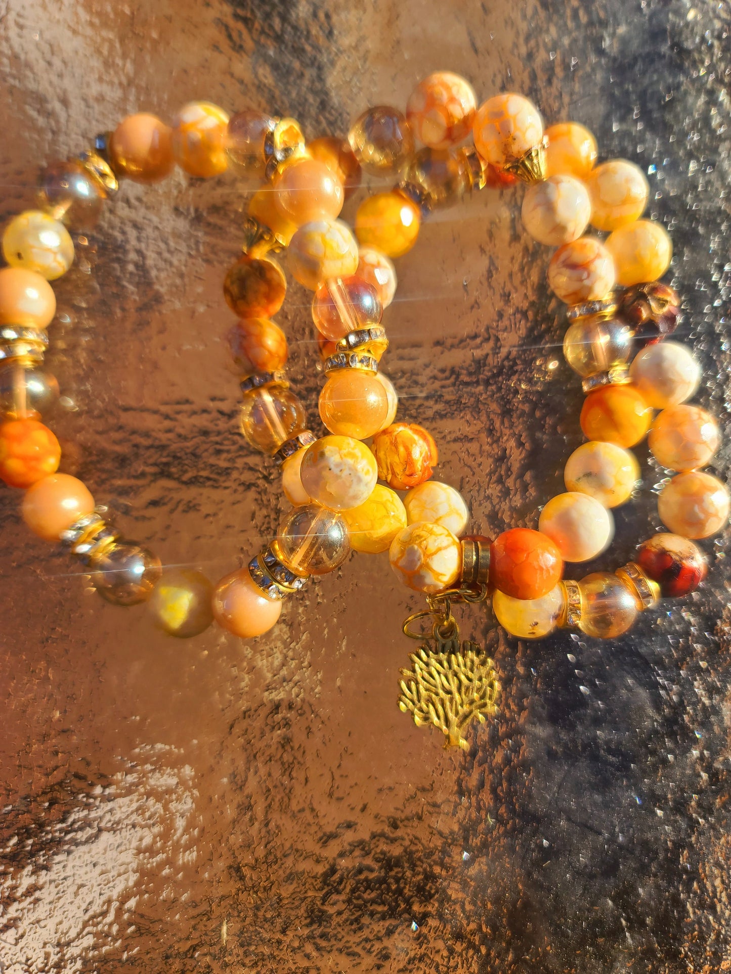 Beaded Bracelet Set Yellow White & Brown Fire Faceted Agate Gold Tree Charm Gift For Her