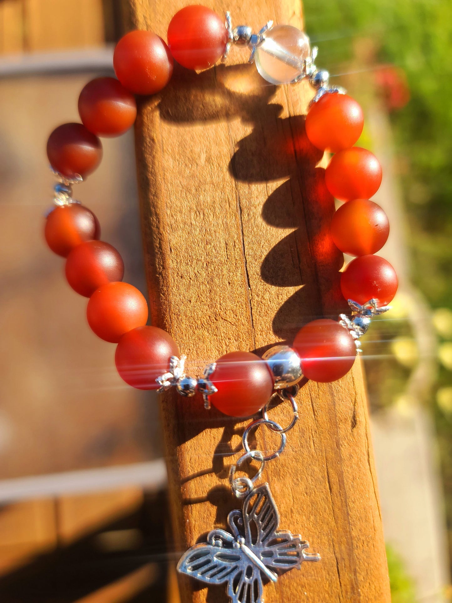 Beaded Bracelet Matte Carnelian Silver Butterfly Charm Gift For Her