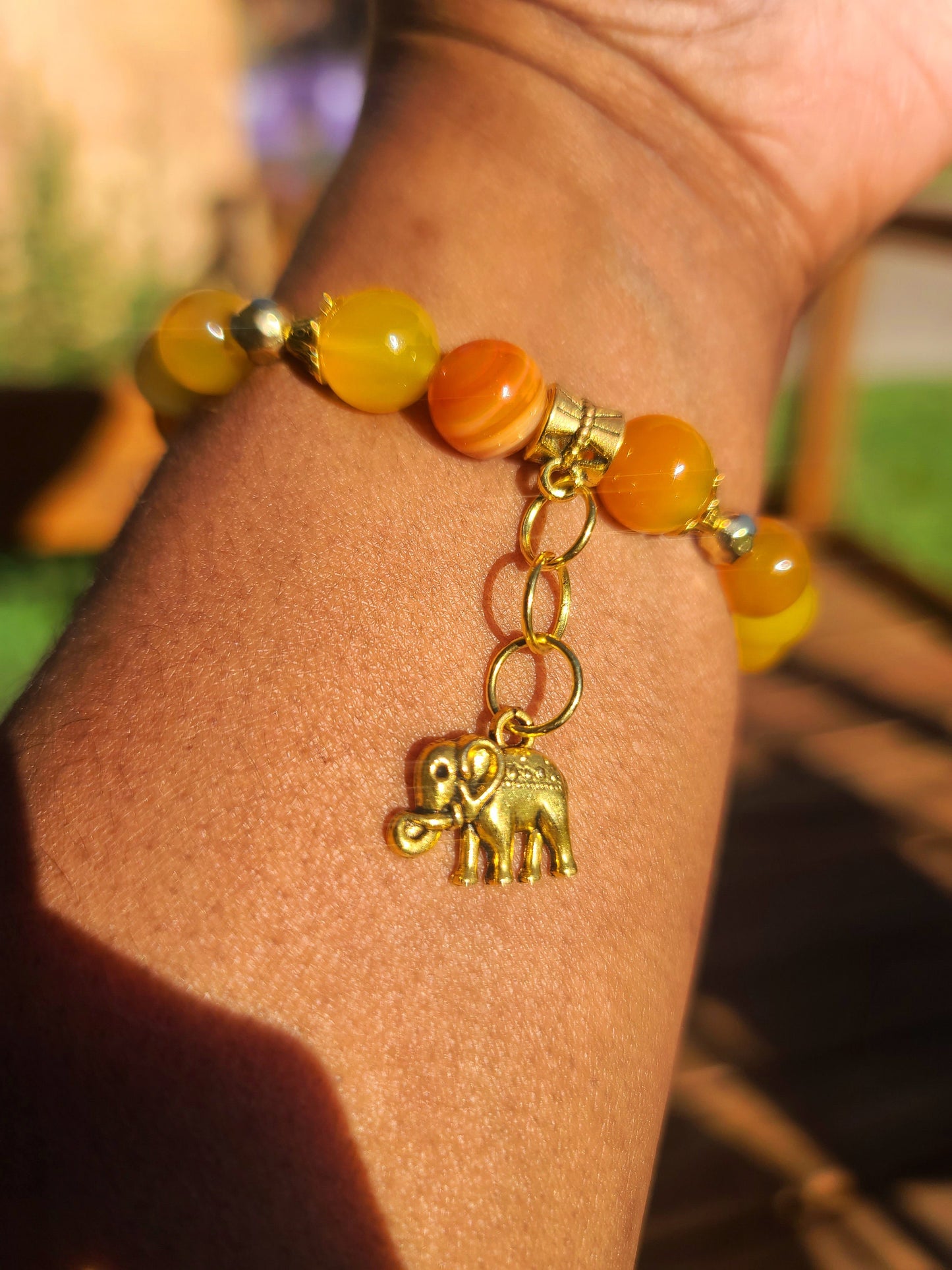 Beaded Bracelet Orange Banded Round Agate with Gold Elephant Charm Gift For Her