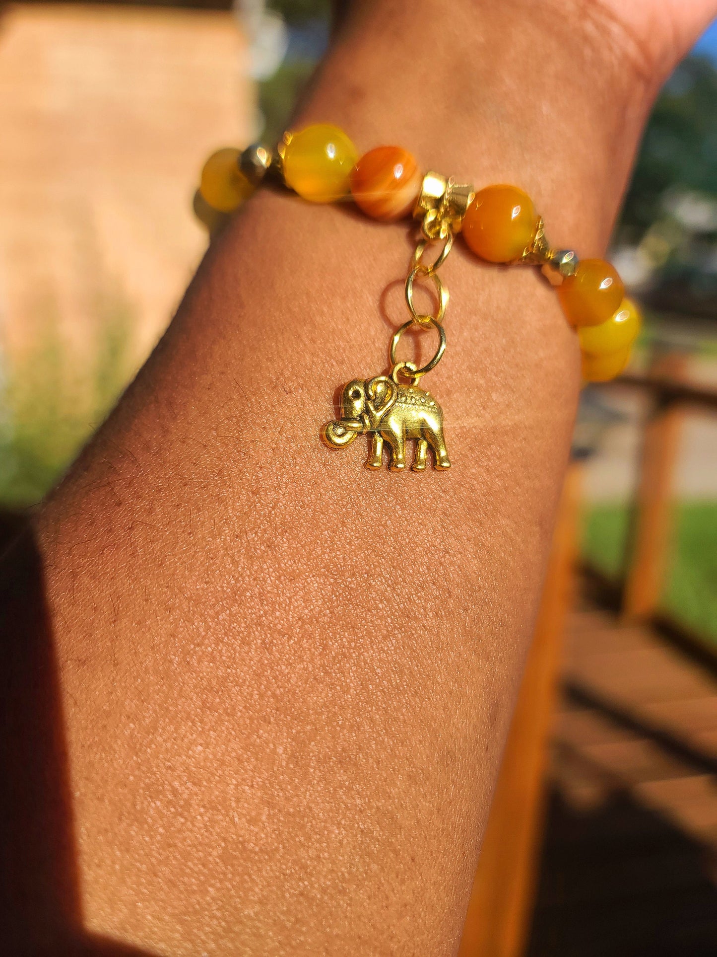 Beaded Bracelet Orange Banded Round Agate with Gold Elephant Charm Gift For Her
