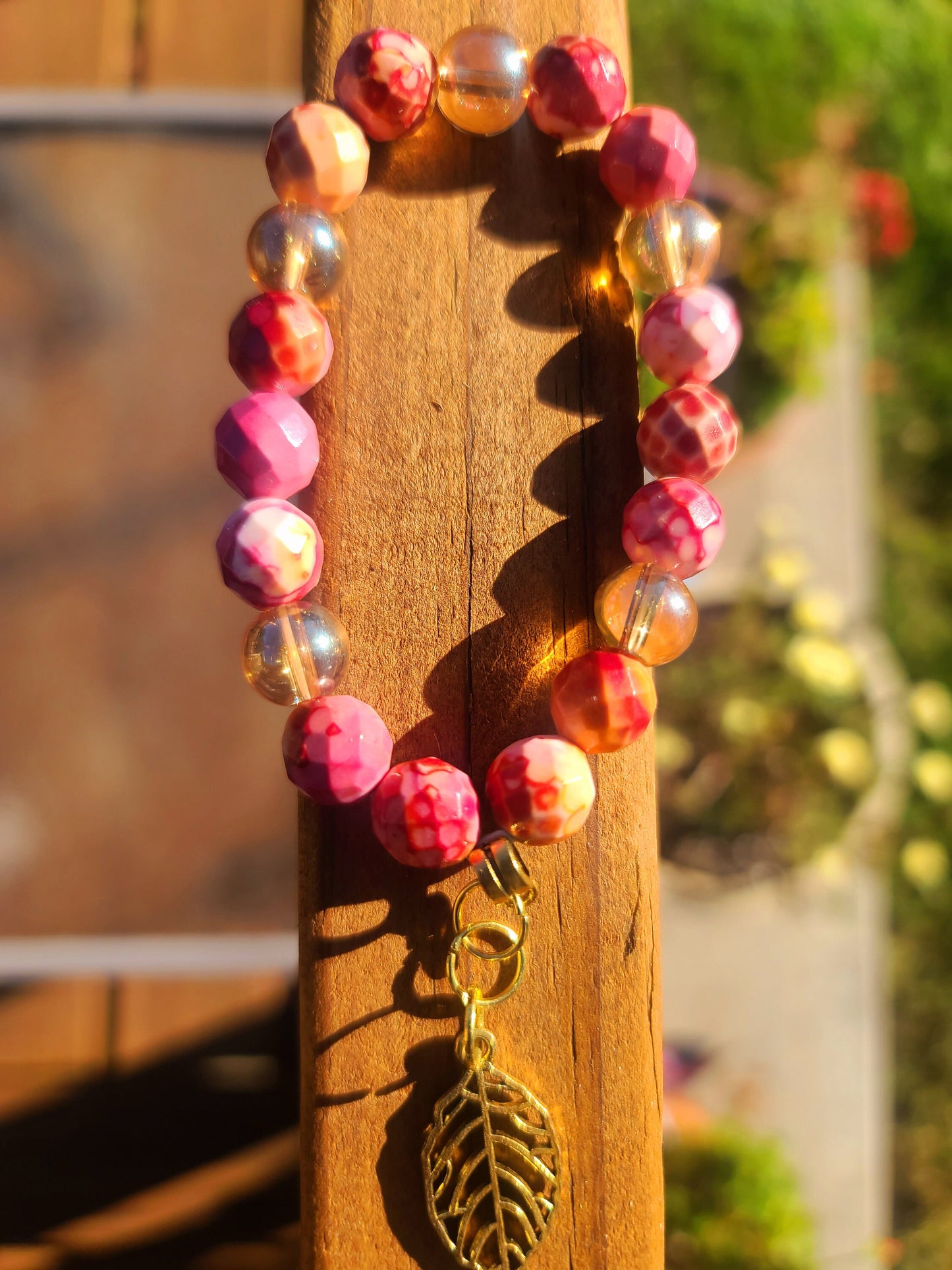 Beaded Bracelet Pink, Red & Orange Faceted Jade Gold Leaf CharmGift For Her
