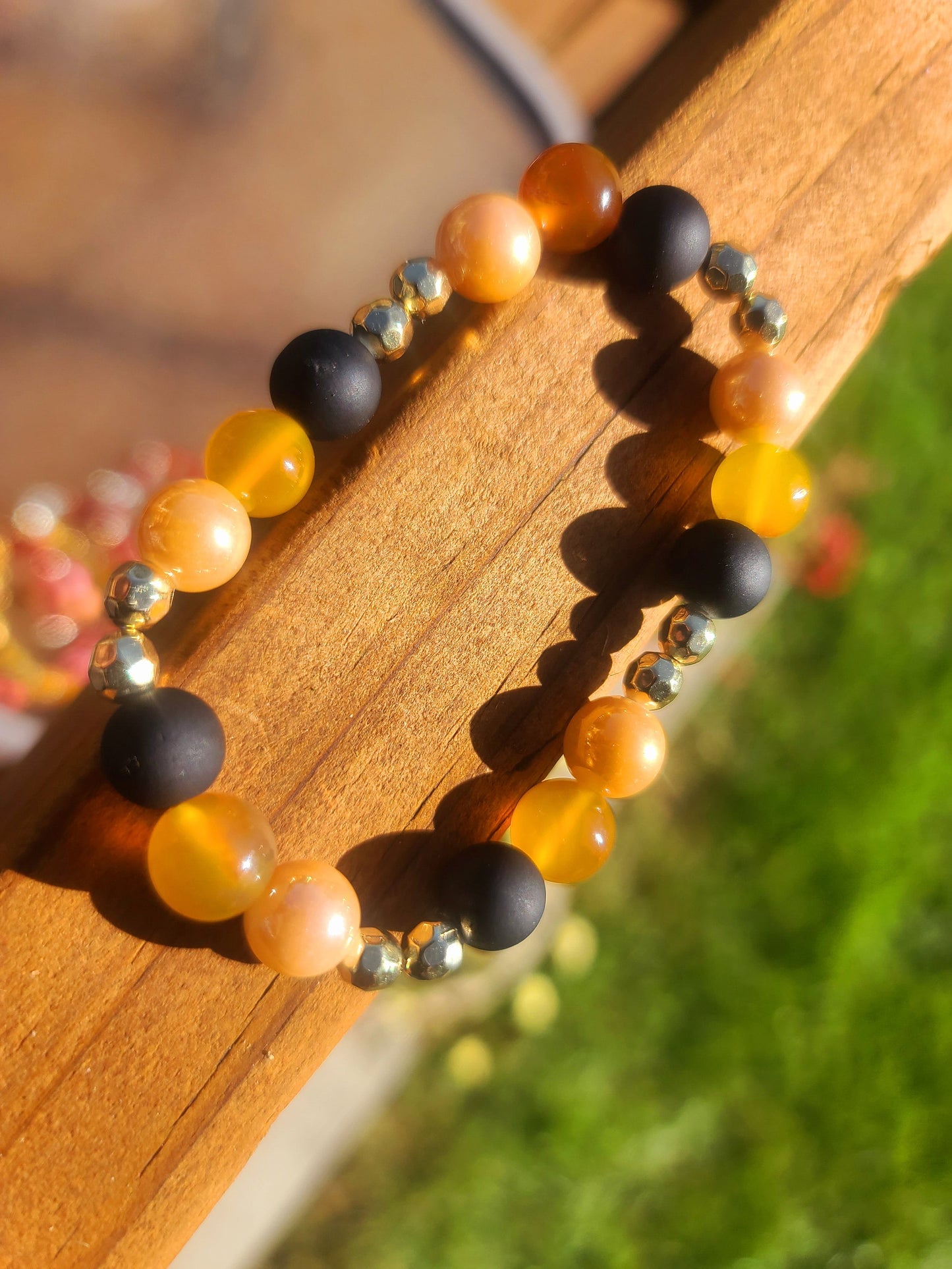 Beaded Bracelet Matte Black and Orange Banded Round Agate Gold Spacers Gift For Her