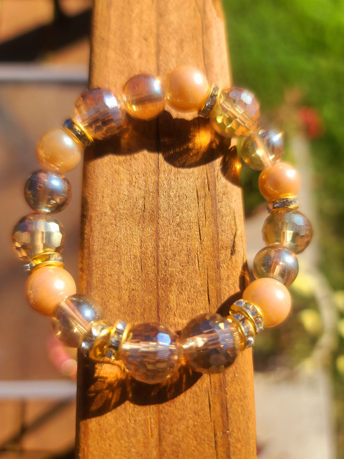 Beaded Bracelet Champagne Round Bead with Champagne Plated Crystal Bead Gift For Her