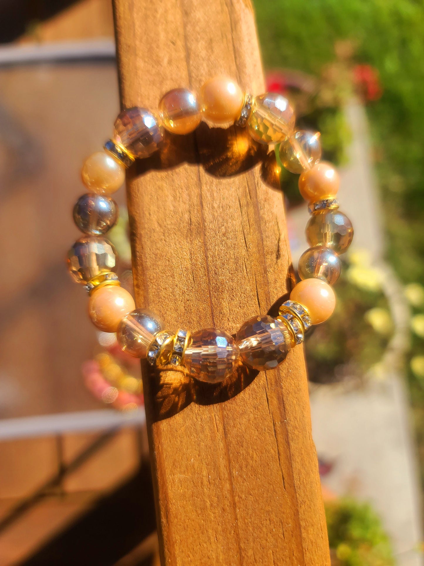 Beaded Bracelet Champagne Round Bead with Champagne Plated Crystal Bead Gift For Her