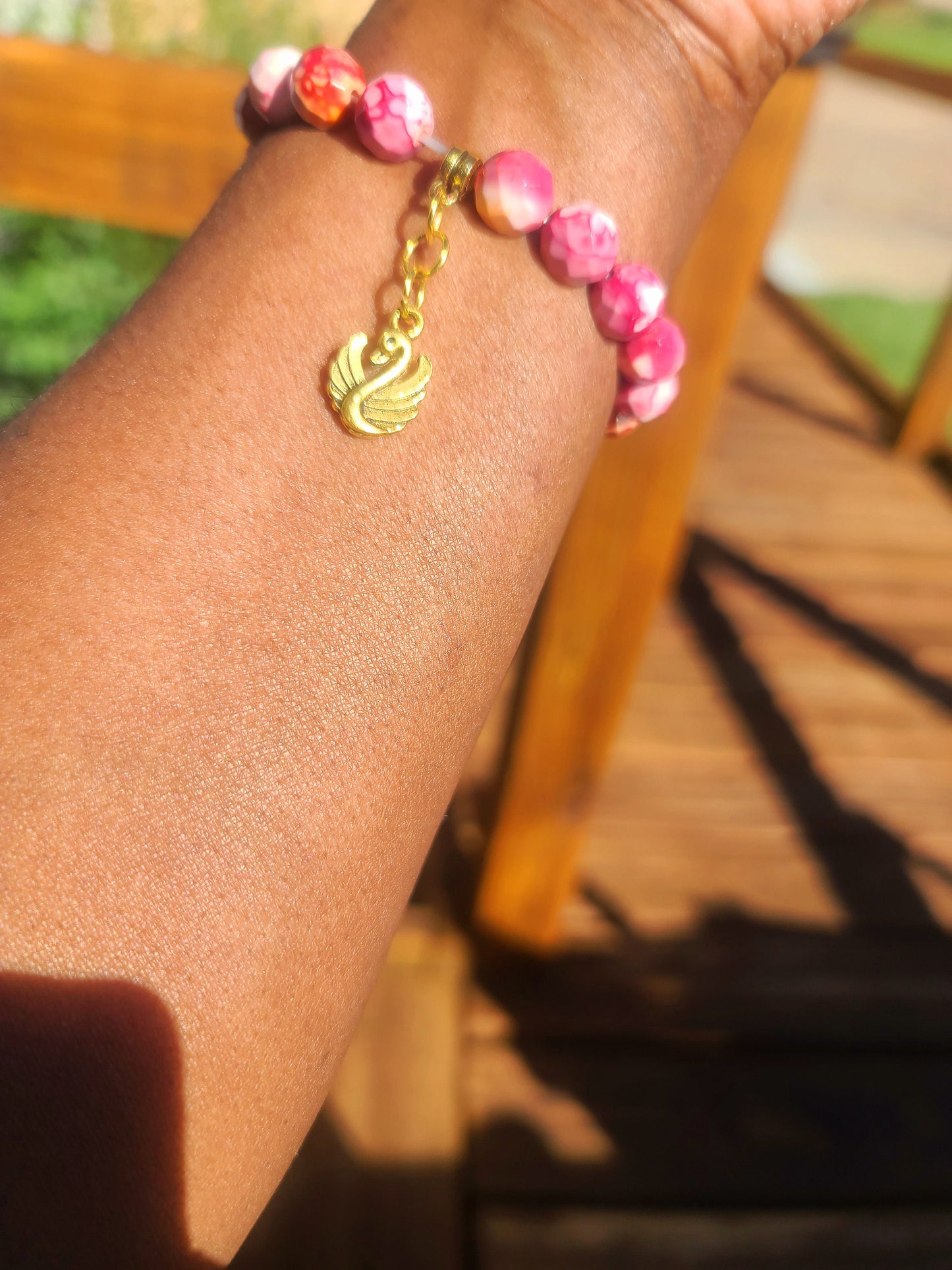 Beaded Bracelet Pink Red & Orange Faceted Jade Gemstone with Gold Swan Charm Gift For Her
