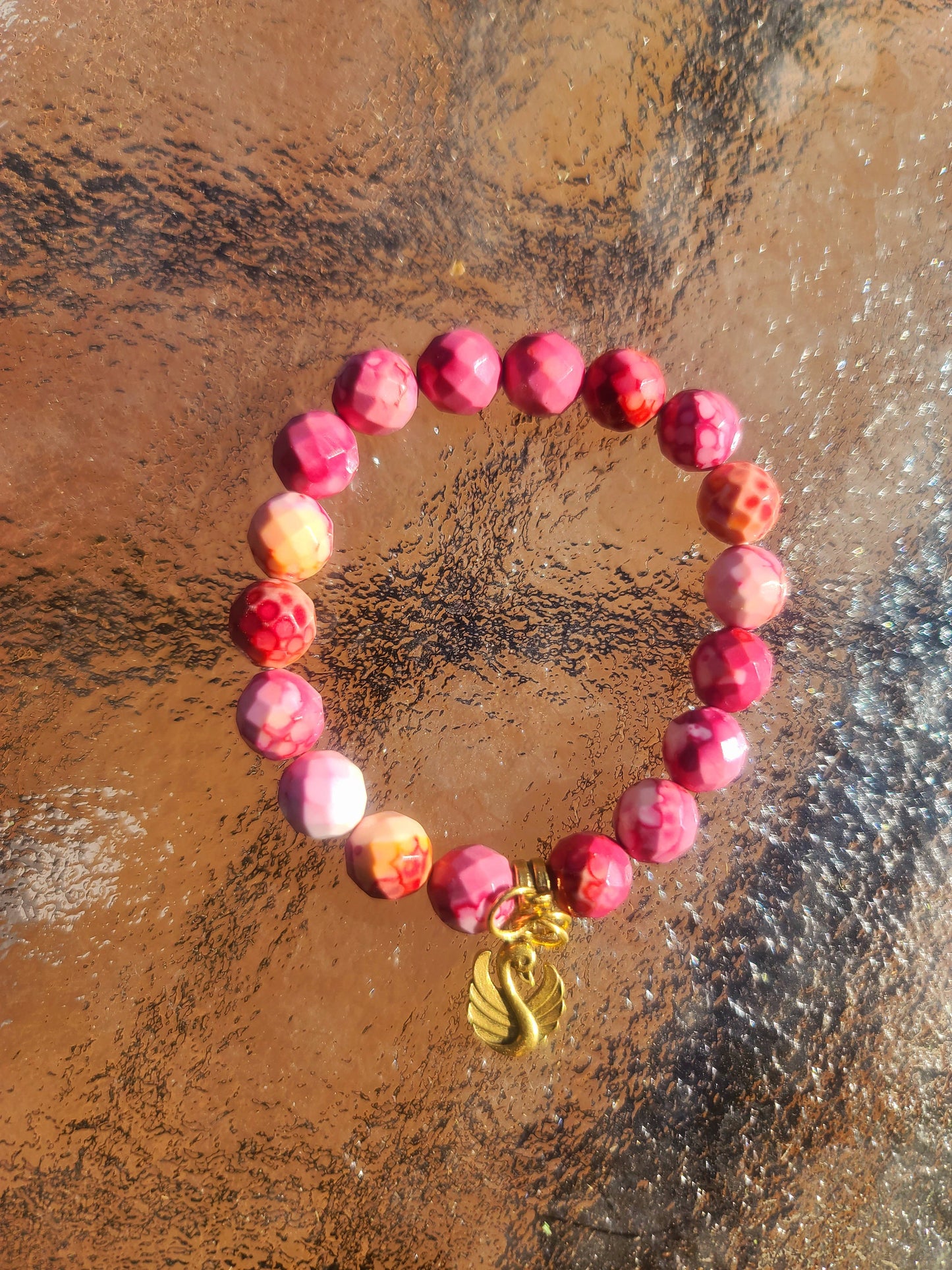 Beaded Bracelet Pink Red & Orange Faceted Jade Gemstone with Gold Swan Charm Gift For Her