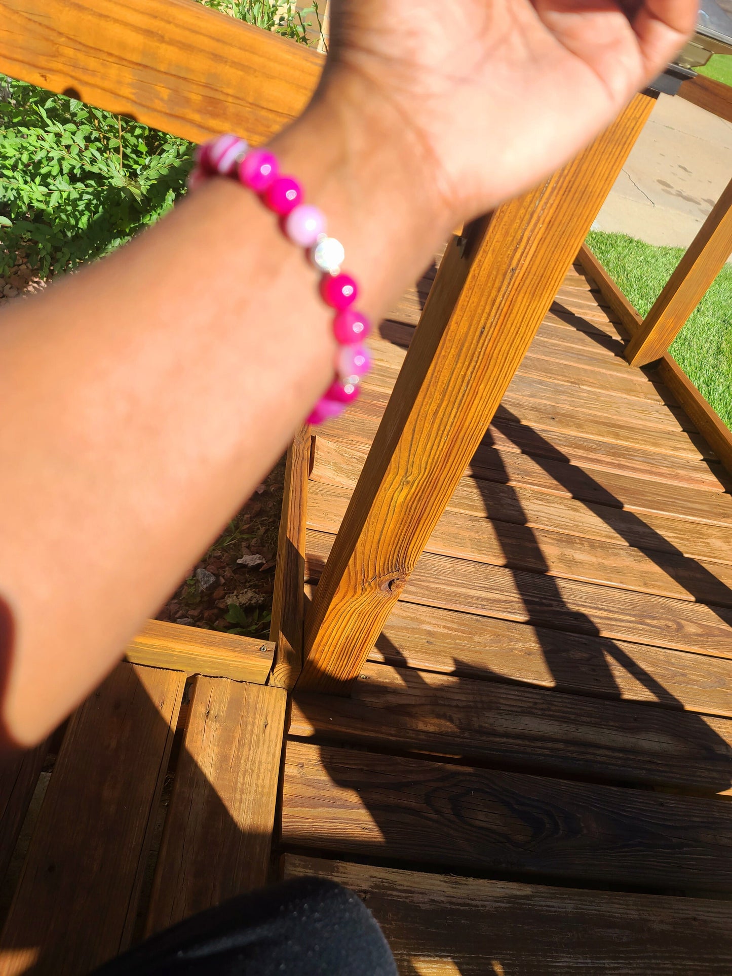 Beaded Bracelet Rose Pink Banded Round Agate Gemstone Gift For Her