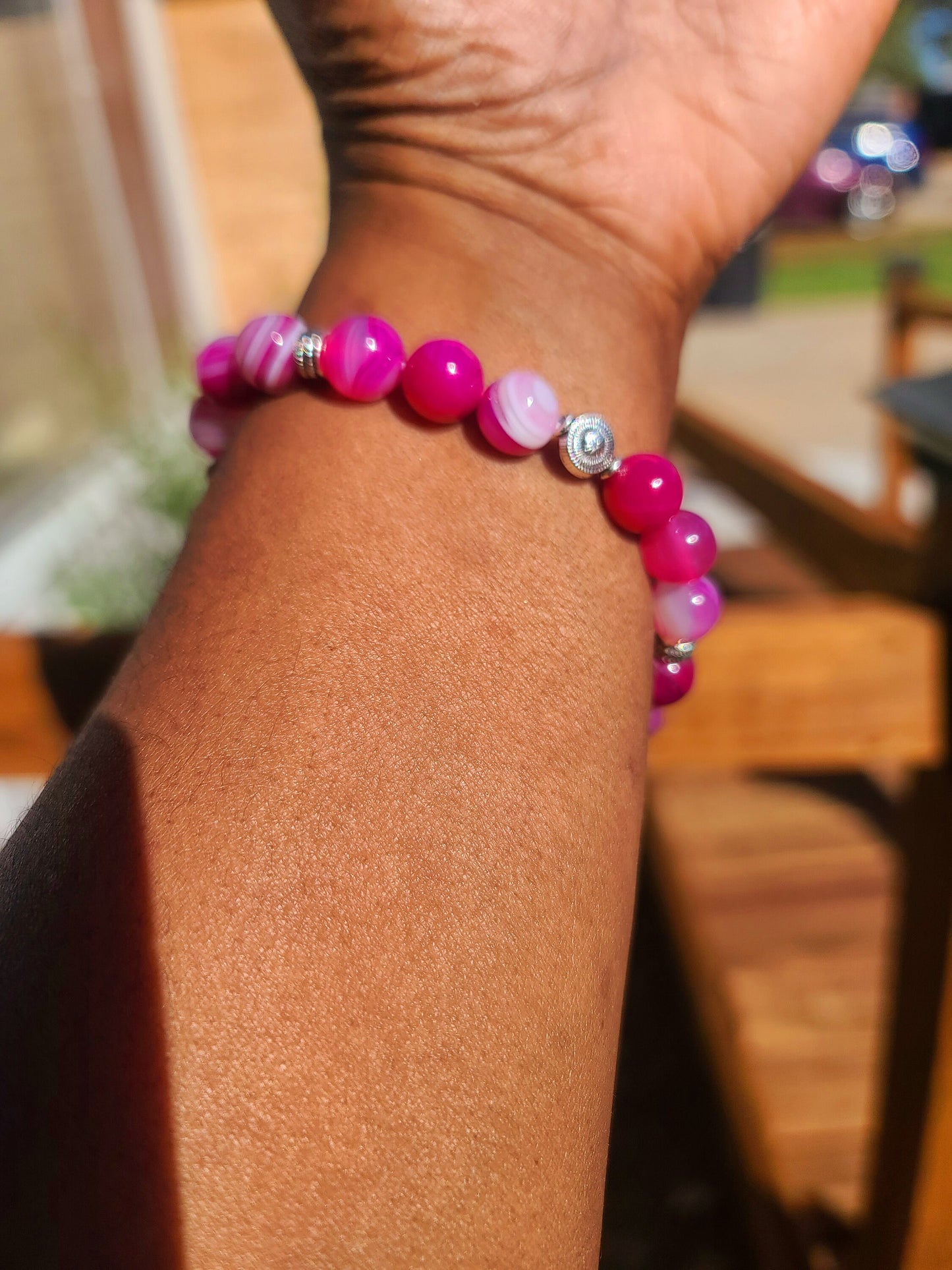 Beaded Bracelet Rose Pink Banded Round Agate Gemstone Gift For Her