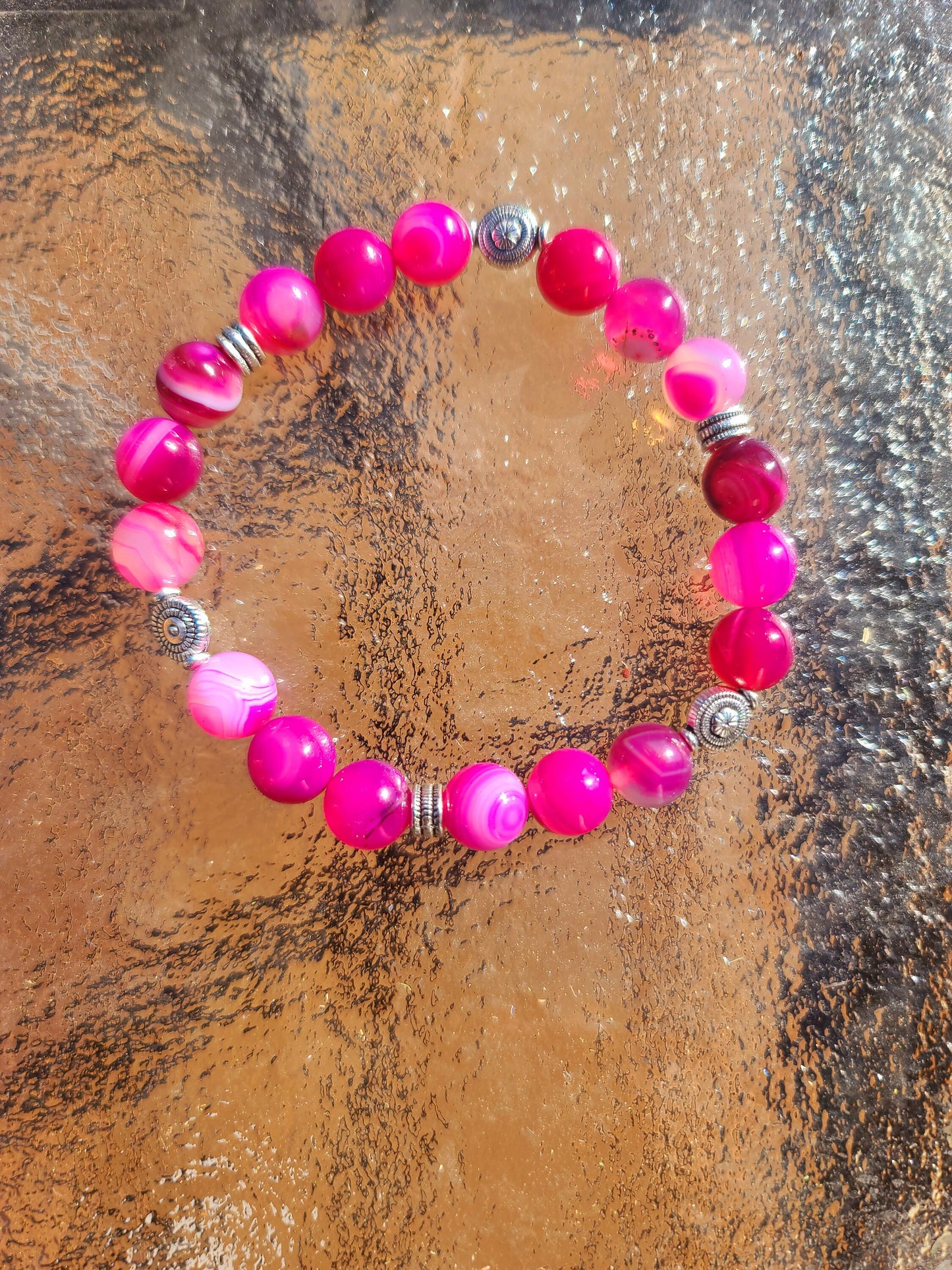 Beaded Bracelet Rose Pink Banded Round Agate Gemstone Gift For Her