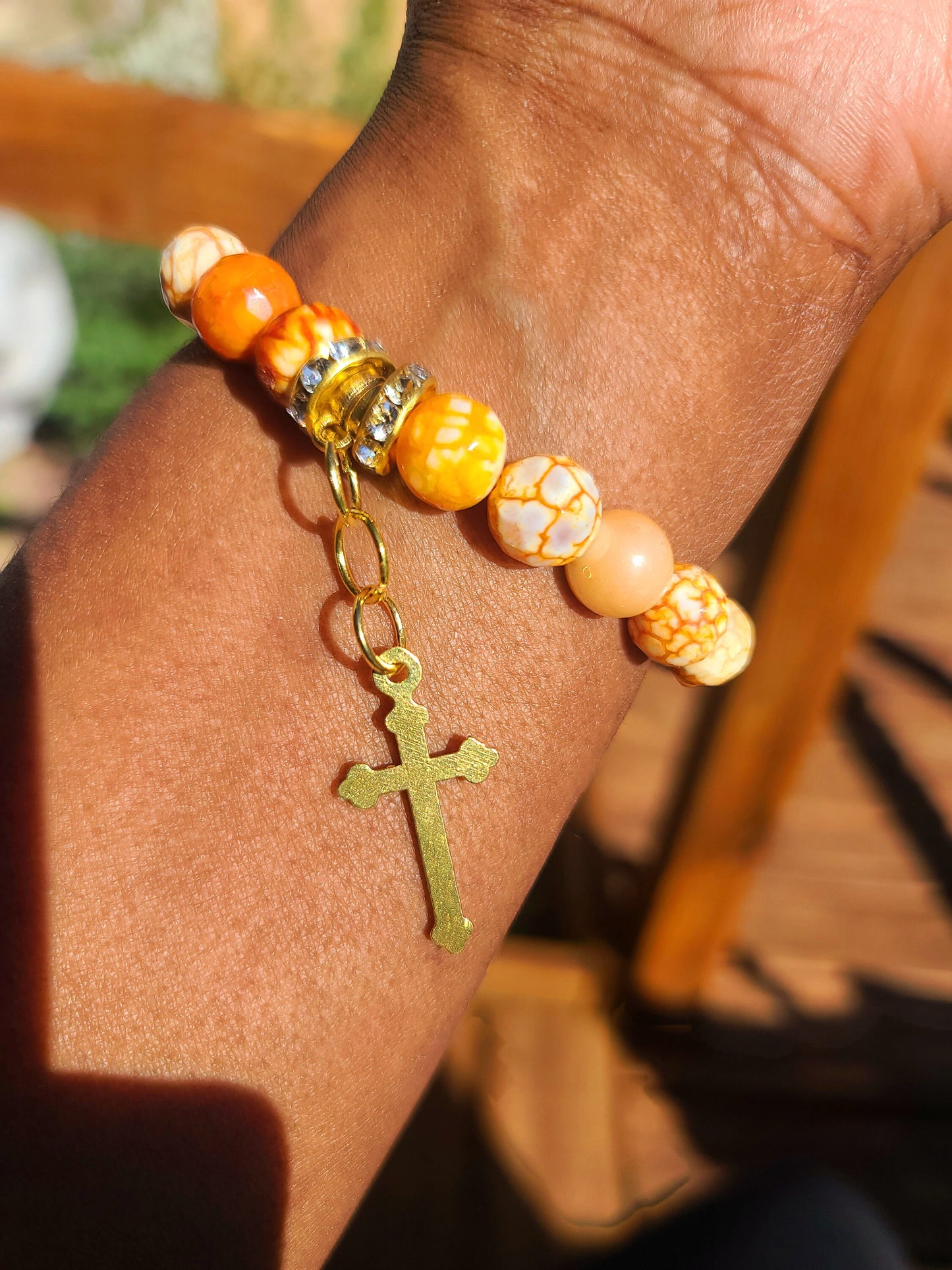 Beaded Bracelet Orange Banded Round Agate Gemstone Gold Cross Gift For Her
