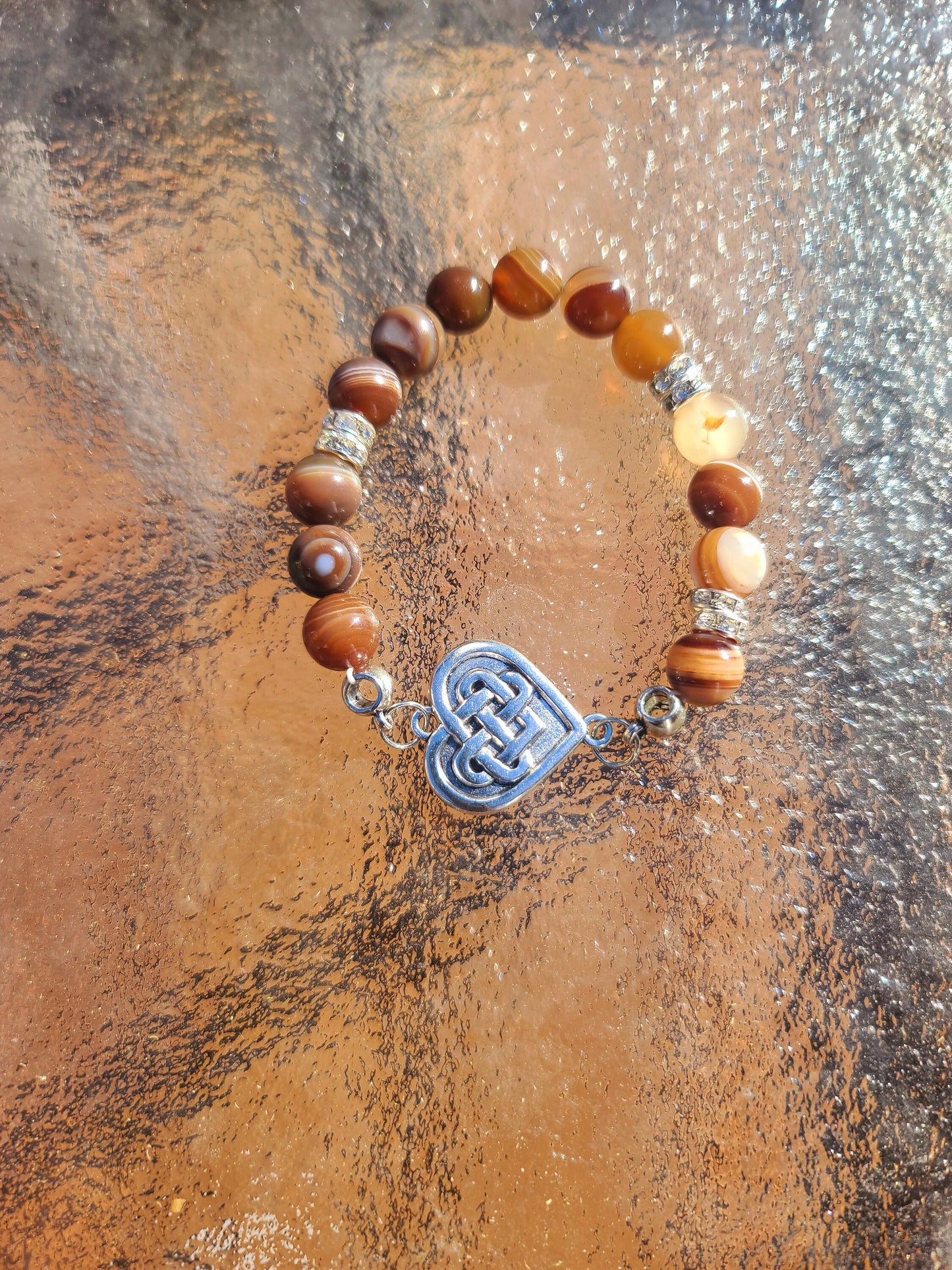 Beaded Bracelet Brown Round Banded Agate Silver Heart Charm Gift For Her