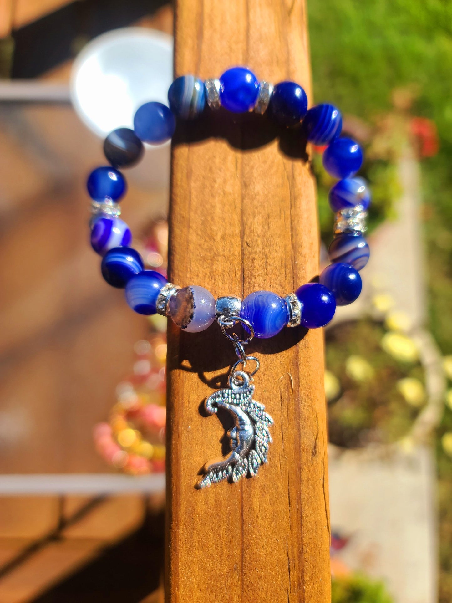 Beaded Bracelet Blue Banded Round Agate Gemstone Silver Moon Charm Gift For Her