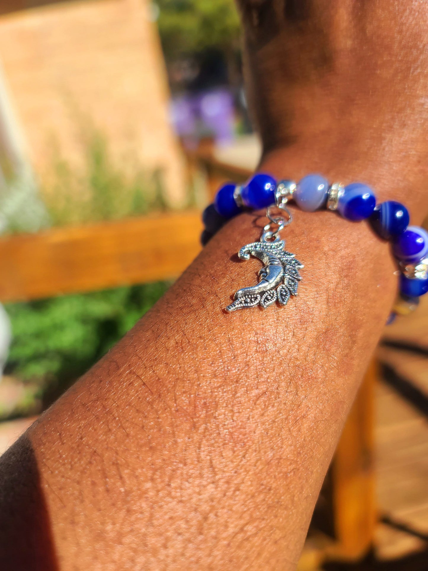 Beaded Bracelet Blue Banded Round Agate Gemstone Silver Moon Charm Gift For Her